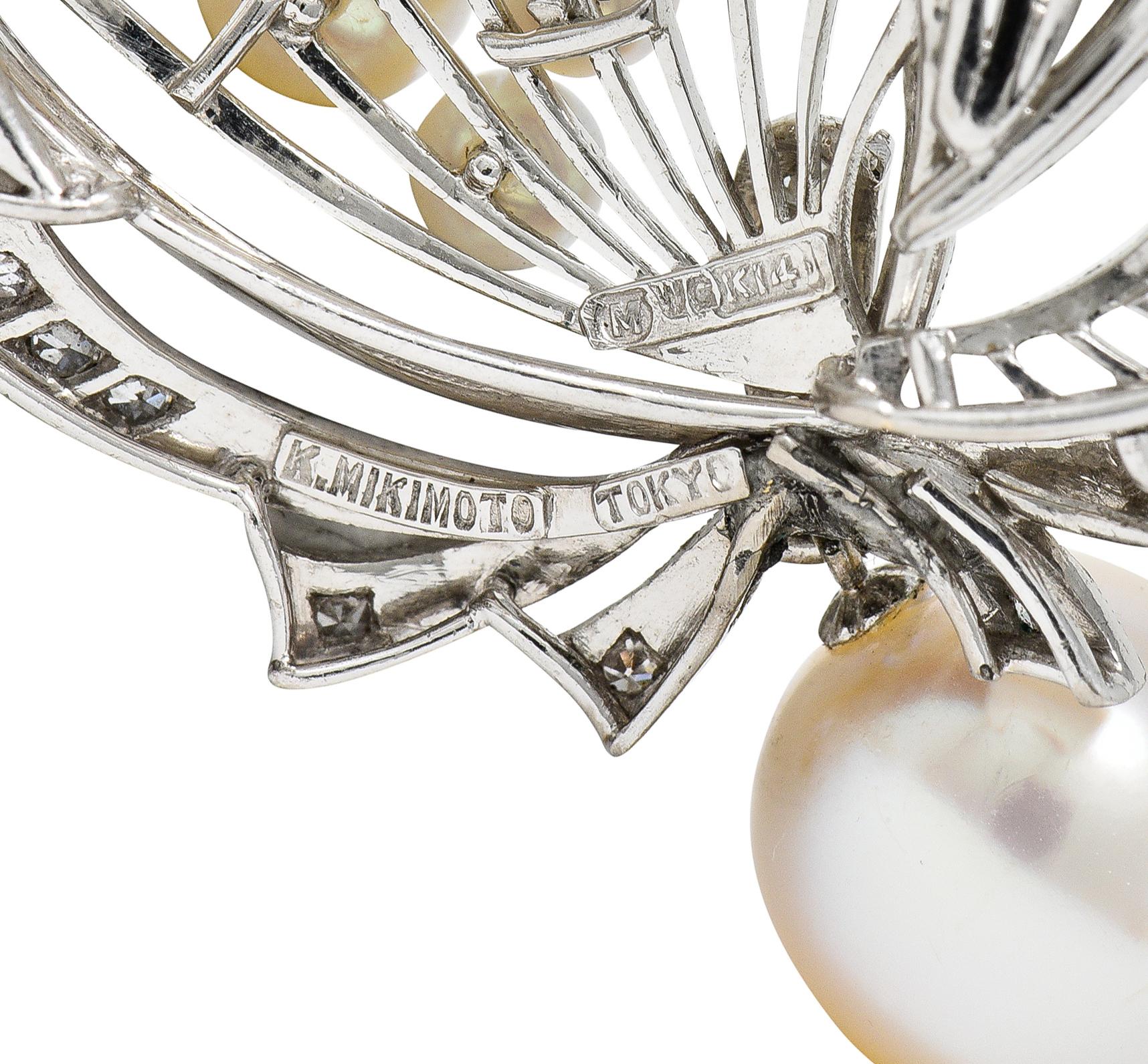 Mikimoto 1950's Diamond Pearl 14 Karat White Gold Fanning Ribbon Necklace