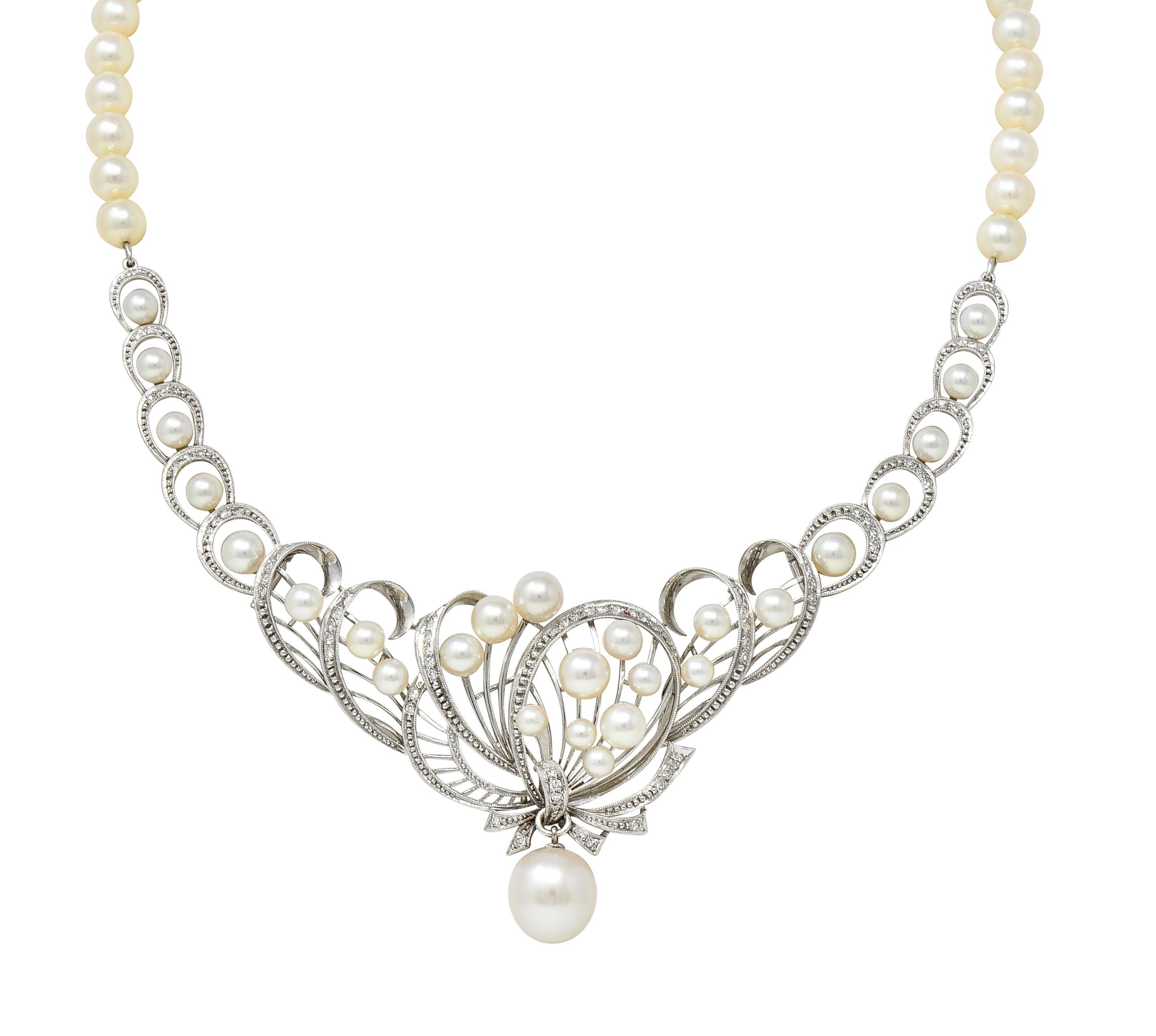 Mikimoto 1950's Diamond Pearl 14 Karat White Gold Fanning Ribbon Necklace