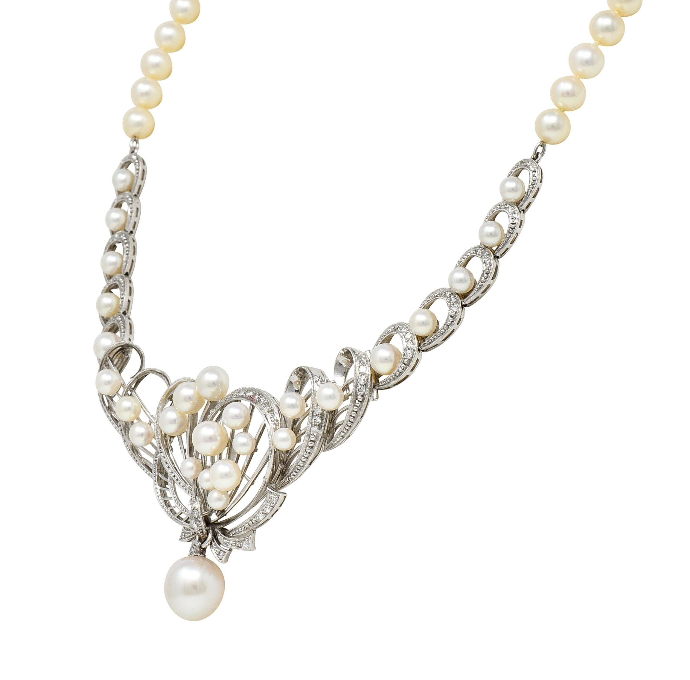 Mikimoto 1950's Diamond Pearl 14 Karat White Gold Fanning Ribbon Necklace