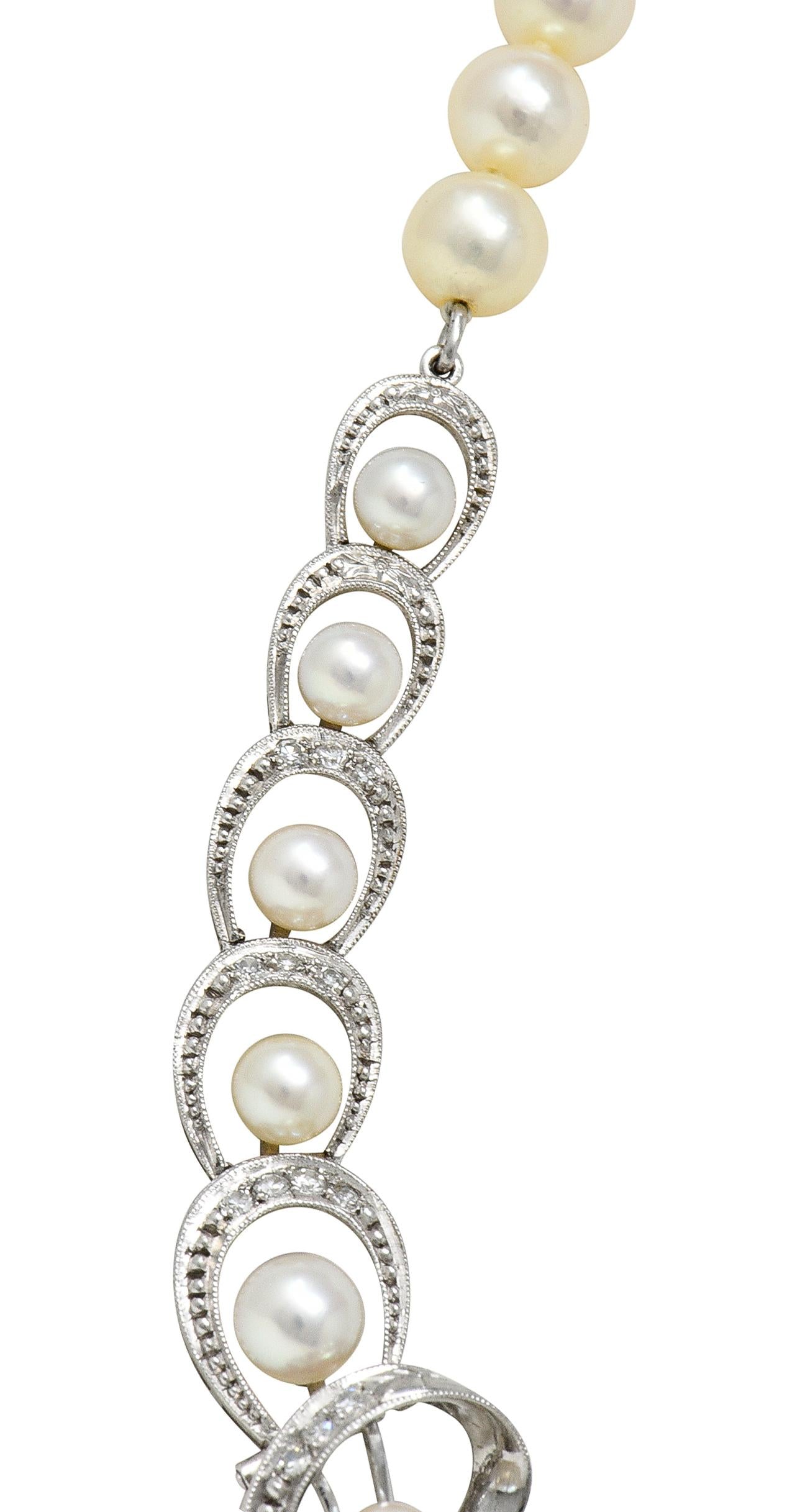 Mikimoto 1950's Diamond Pearl 14 Karat White Gold Fanning Ribbon Necklace