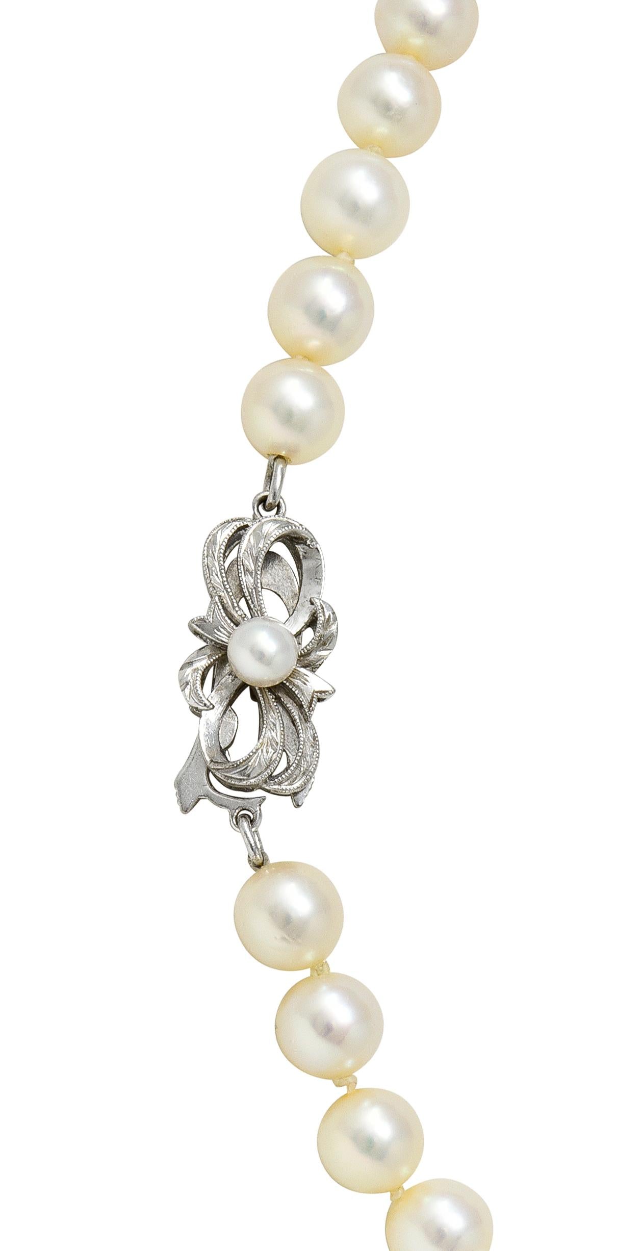 Mikimoto 1950's Diamond Pearl 14 Karat White Gold Fanning Ribbon Necklace