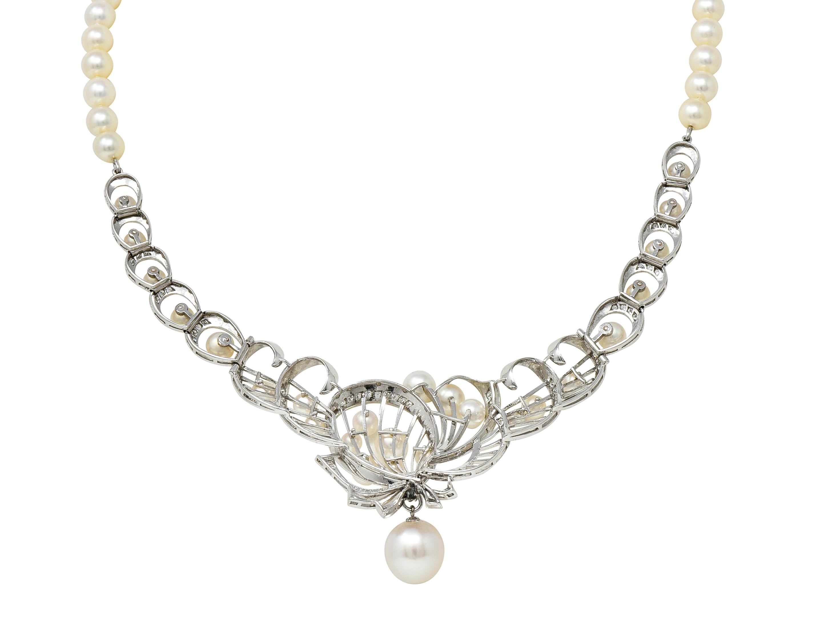 Mikimoto 1950's Diamond Pearl 14 Karat White Gold Fanning Ribbon Necklace