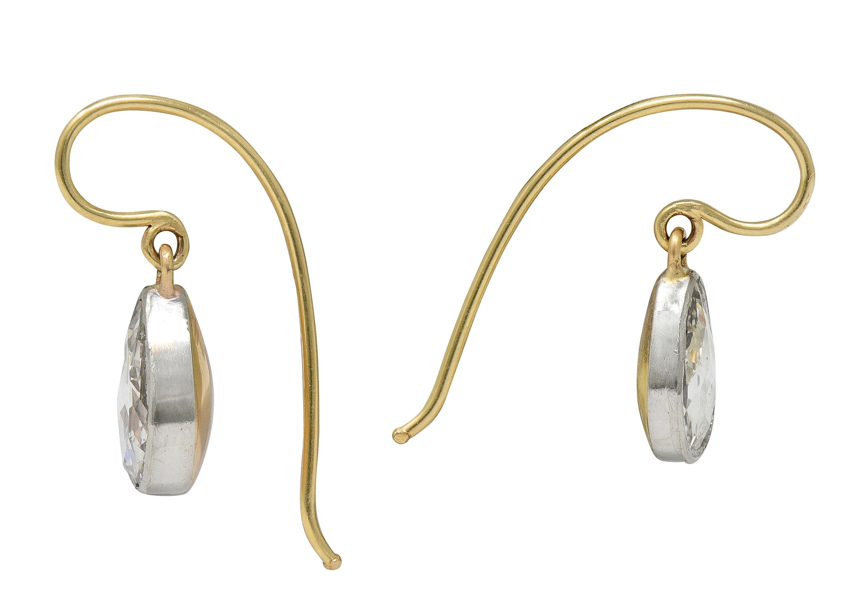 Edwardian Rose Cut Pear Diamond Platinum 14K Gold Antique Drop Earrings