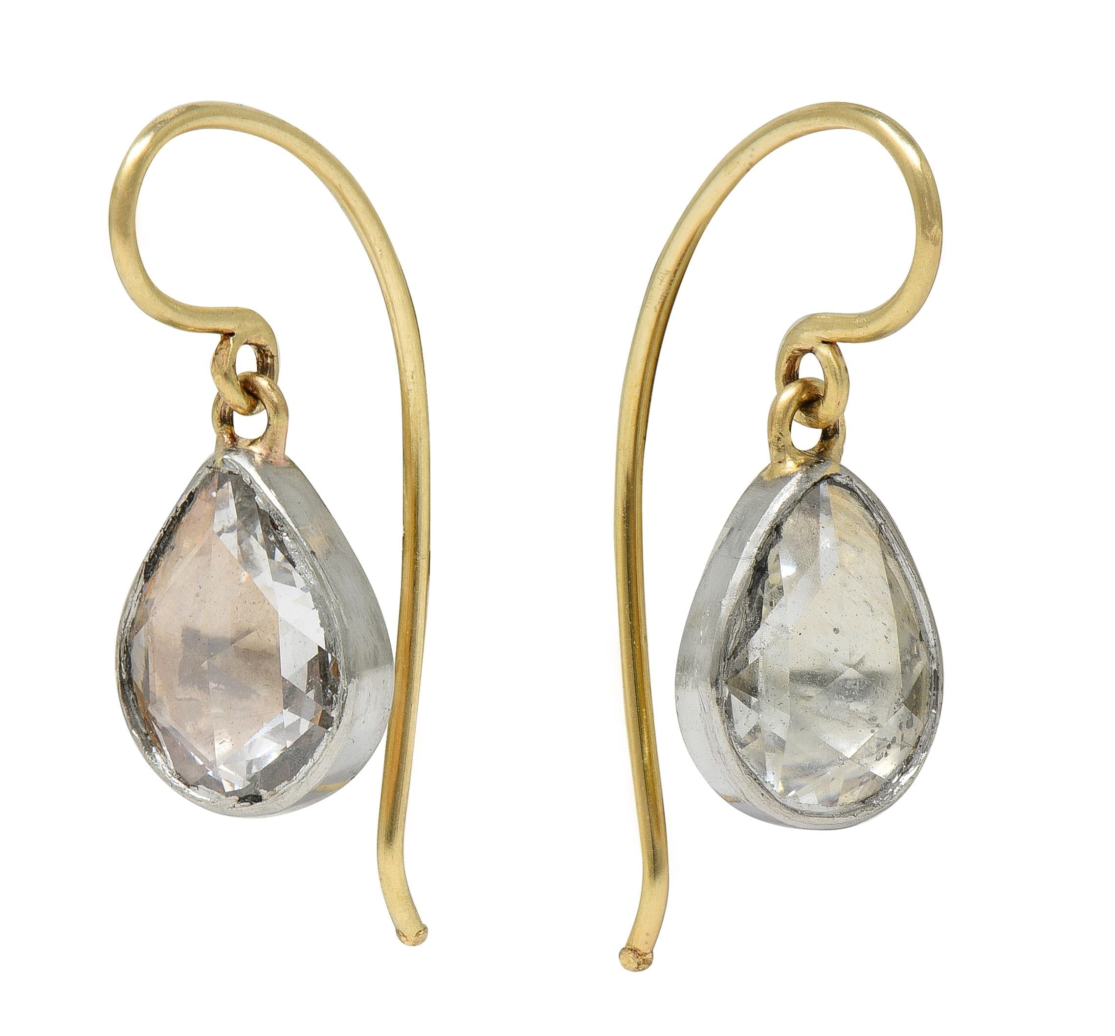 Edwardian Rose Cut Pear Diamond Platinum 14K Gold Antique Drop Earrings