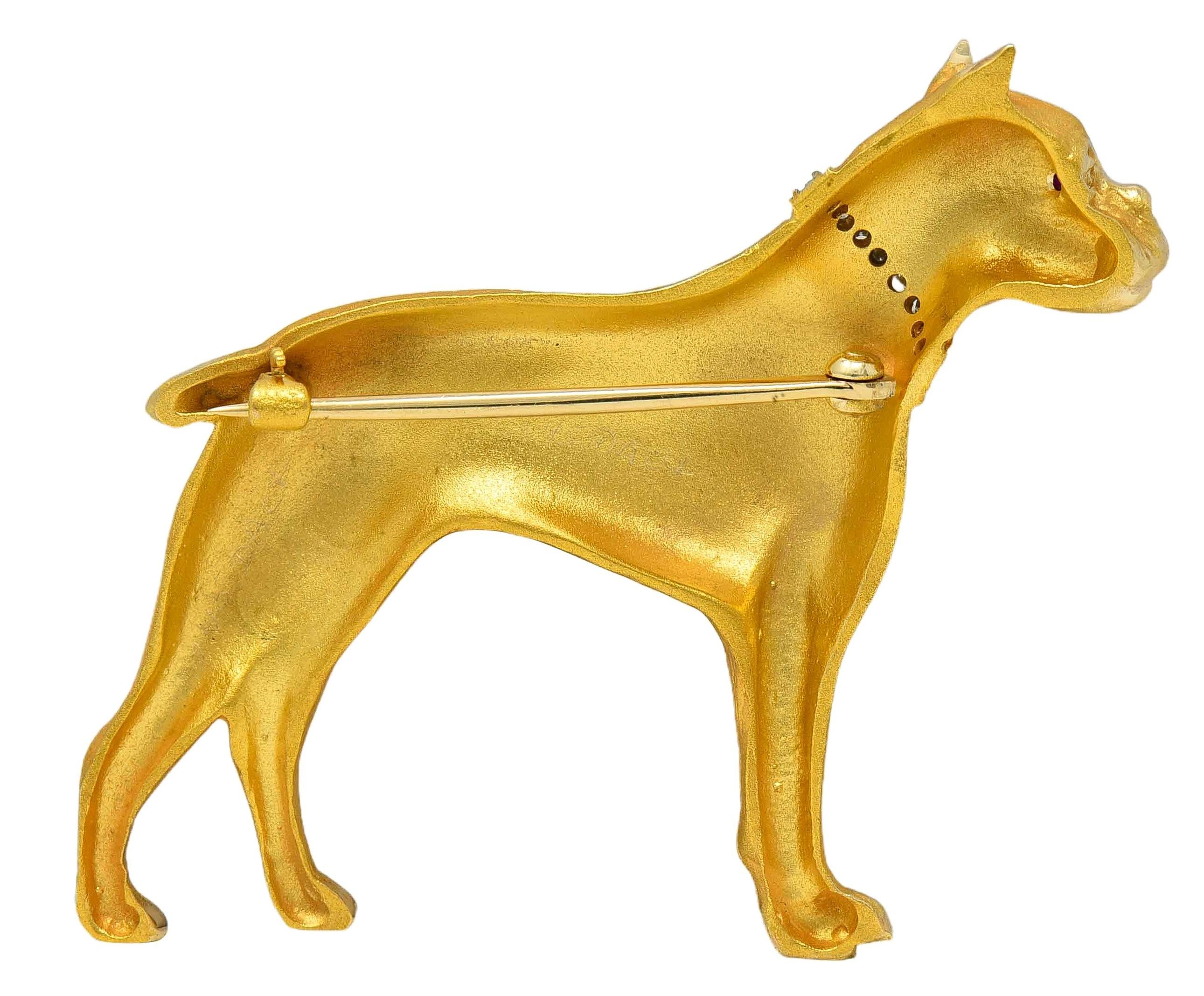 Edwardian Diamond Ruby 14 Karat Yellow Gold Antique Boxer Dog Brooch