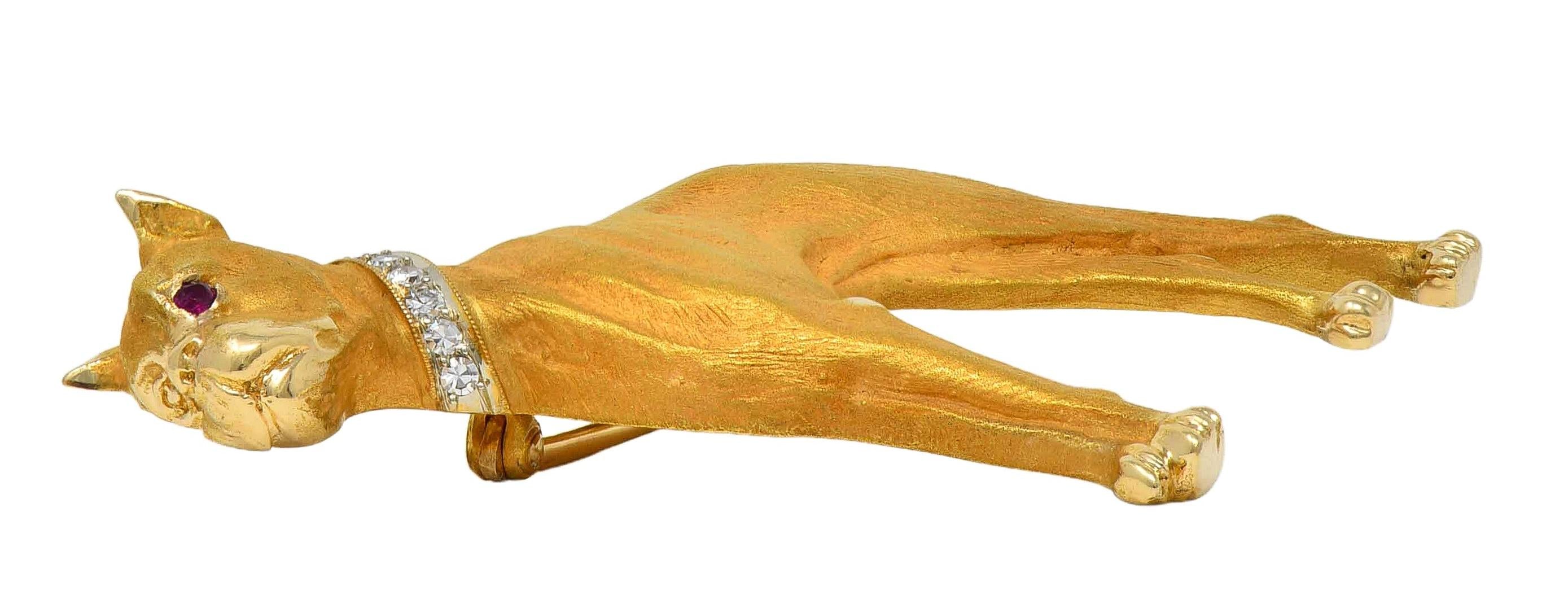 Edwardian Diamond Ruby 14 Karat Yellow Gold Antique Boxer Dog Brooch