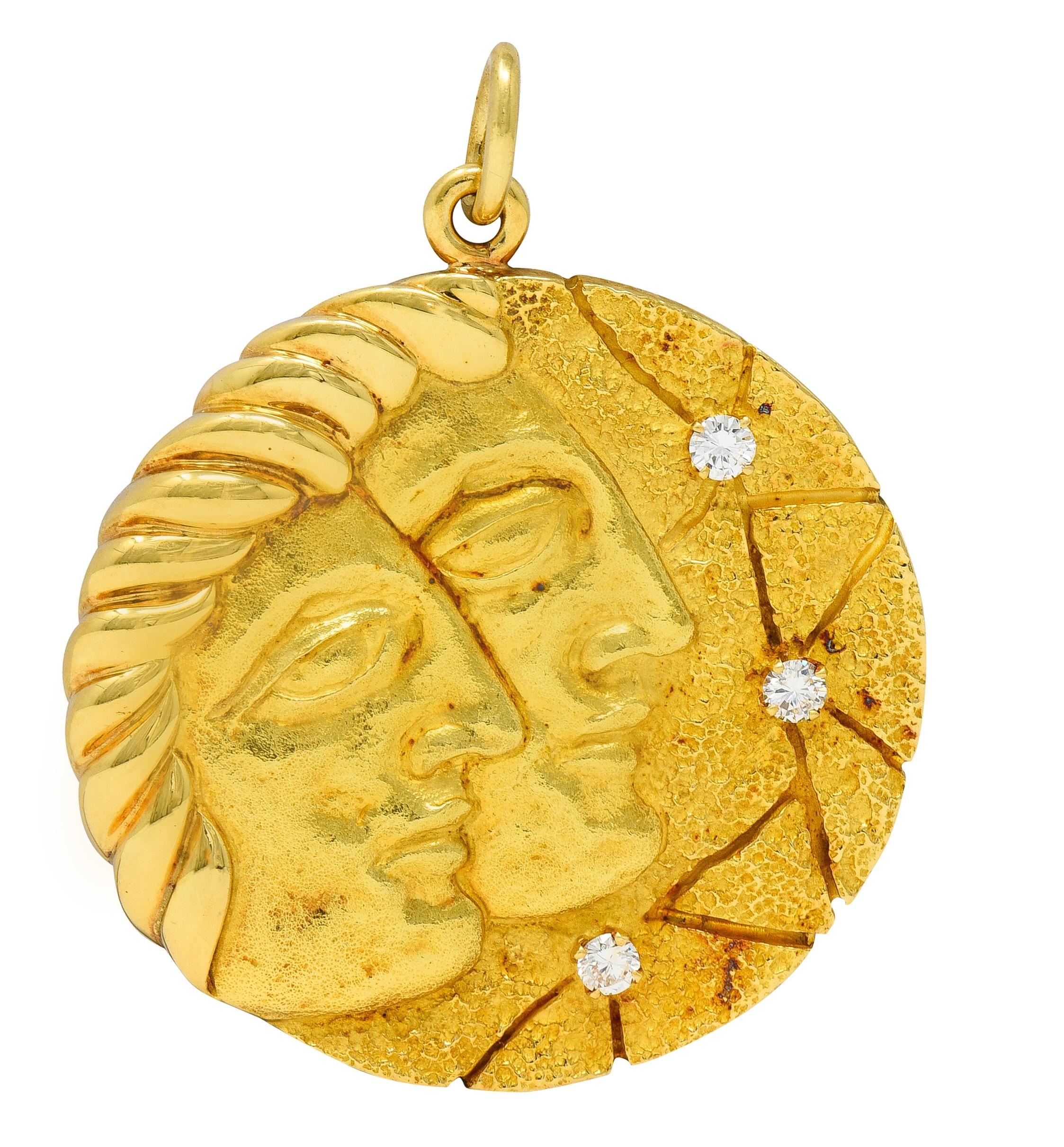 Tiffany & Co. 1970's Diamond 18 Karat Yellow Gold Vintage Gemini Zodiac Pendant