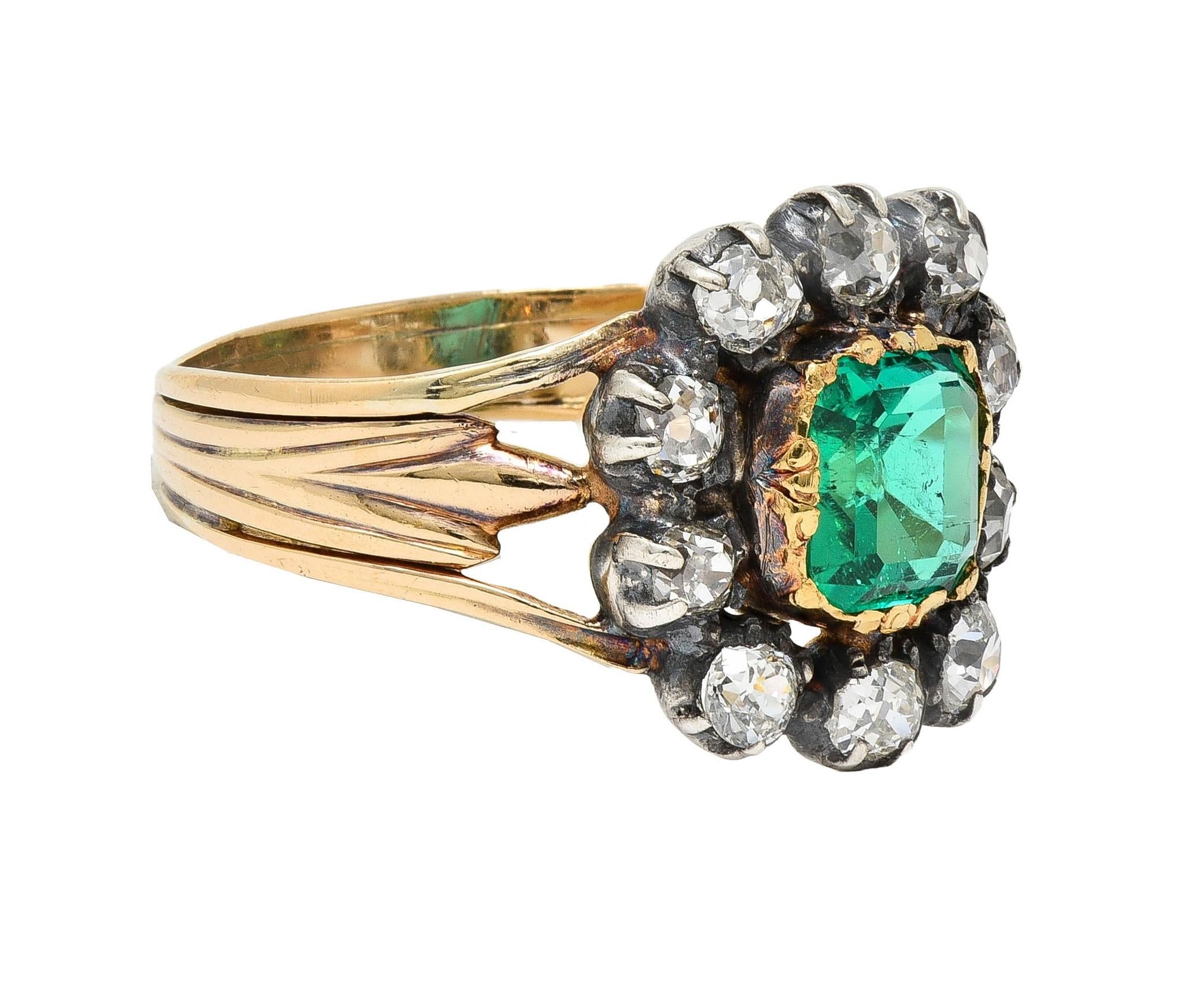 Victorian 1.87 CTW Emerald Diamond Silver 14 Karat Gold Antique Halo Ring GIA