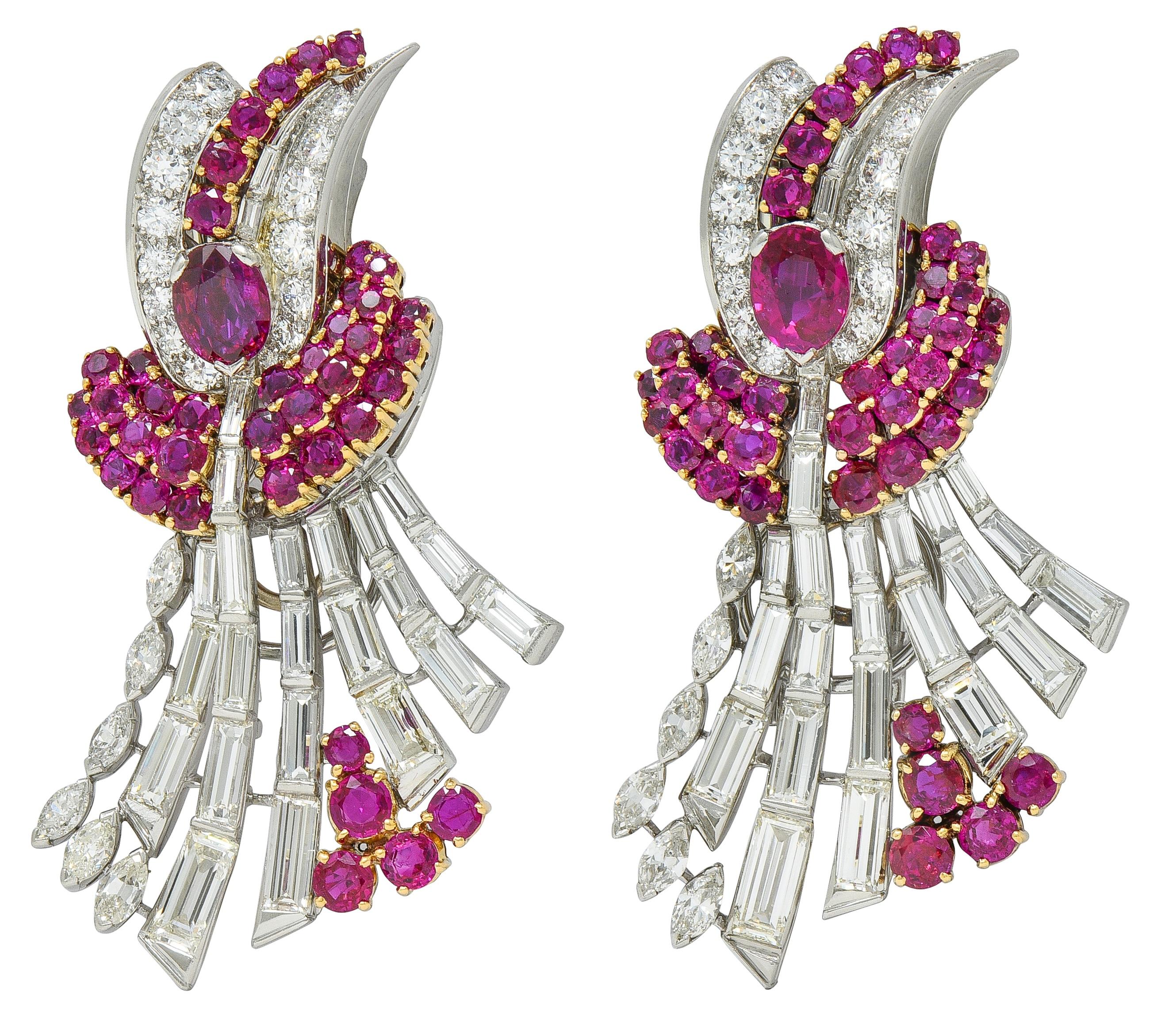Oscar Heyman 1940 Diamond Burma Ruby Platinum 18K Gold Vintage Brooch Clips GIA