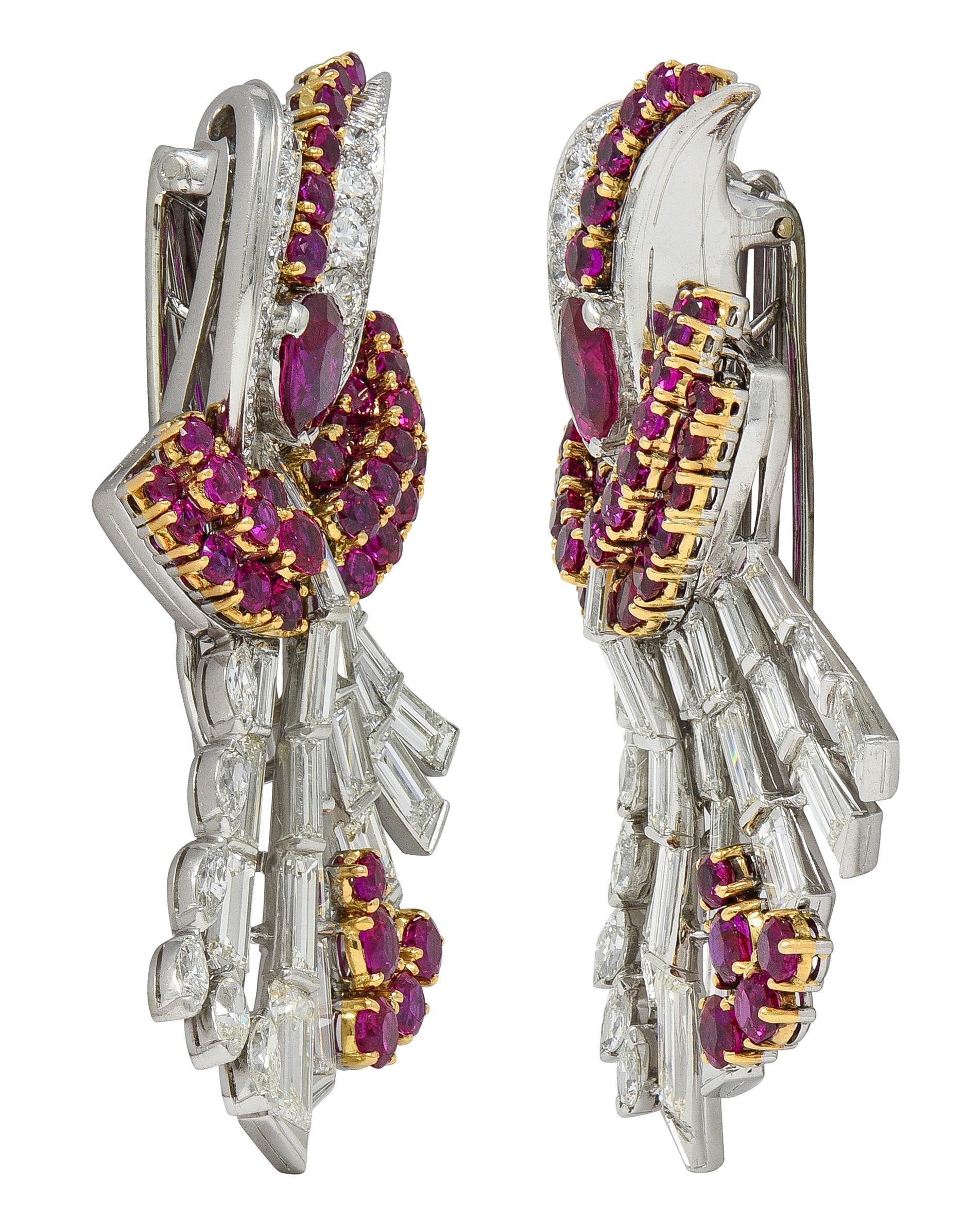 Oscar Heyman 1940 Diamond Burma Ruby Platinum 18K Gold Vintage Brooch Clips GIA
