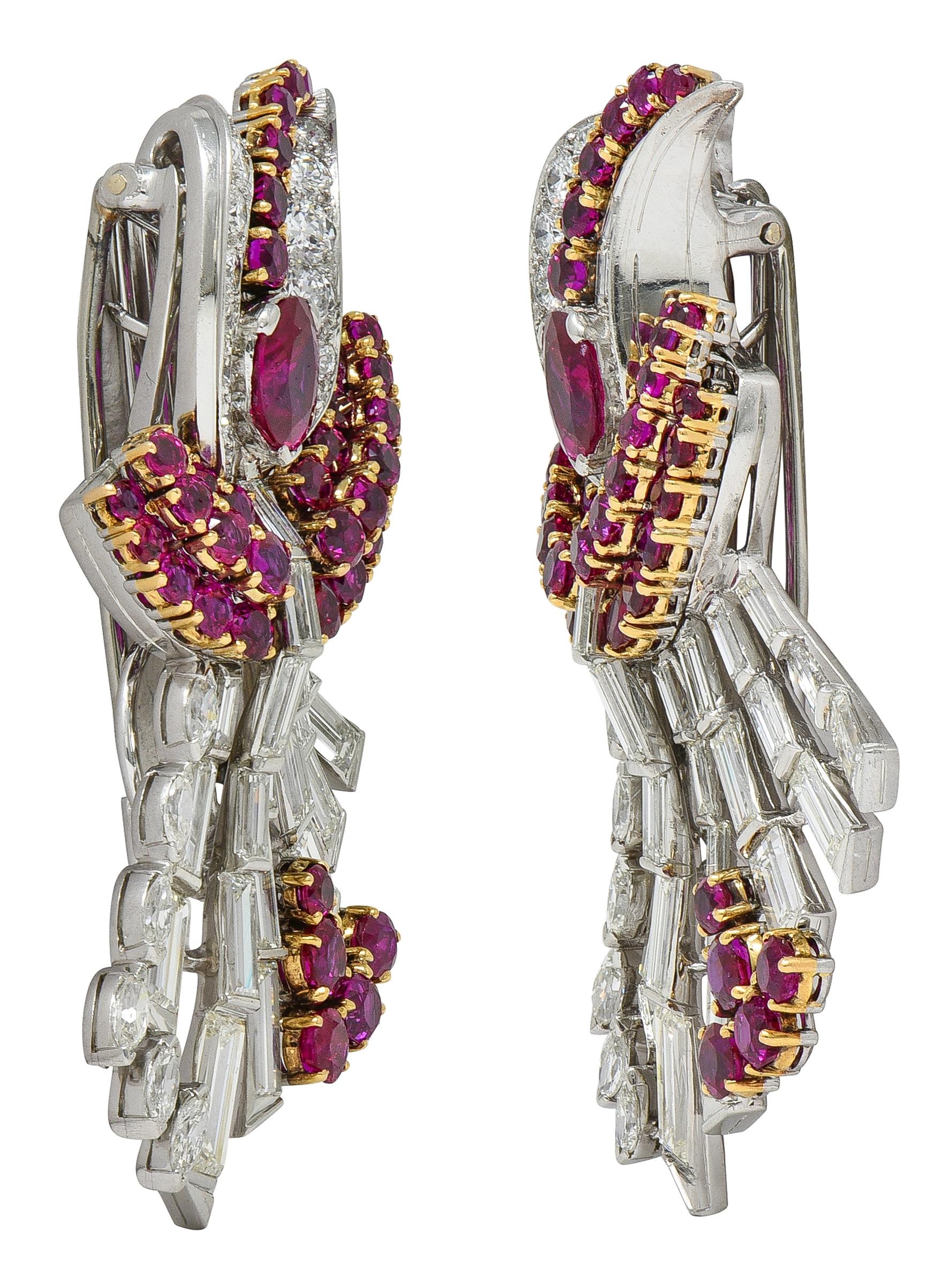 Oscar Heyman 1940 Diamond Burma Ruby Platinum 18K Gold Vintage Brooch Clips GIA