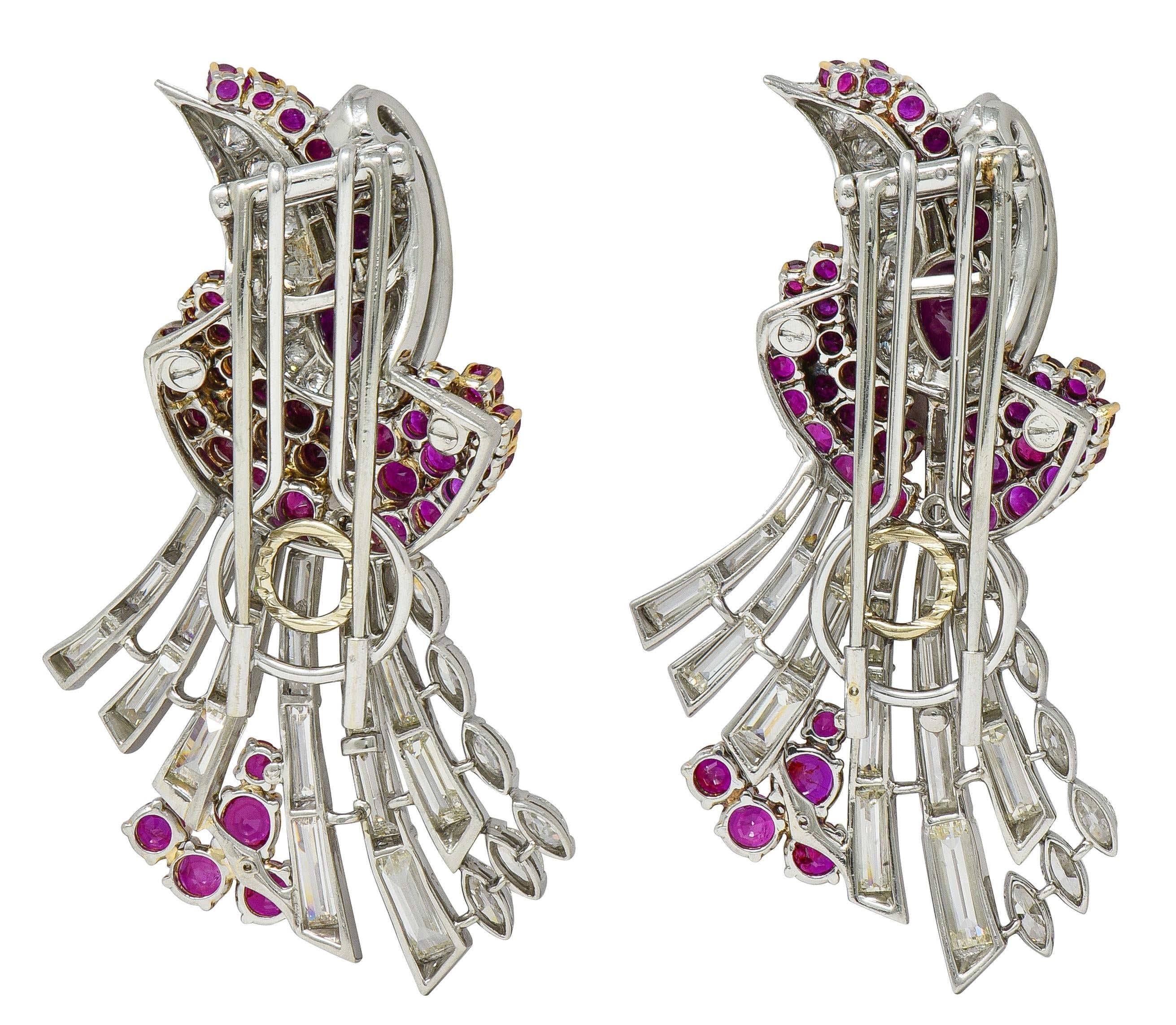 Oscar Heyman 1940 Diamond Burma Ruby Platinum 18K Gold Vintage Brooch Clips GIA