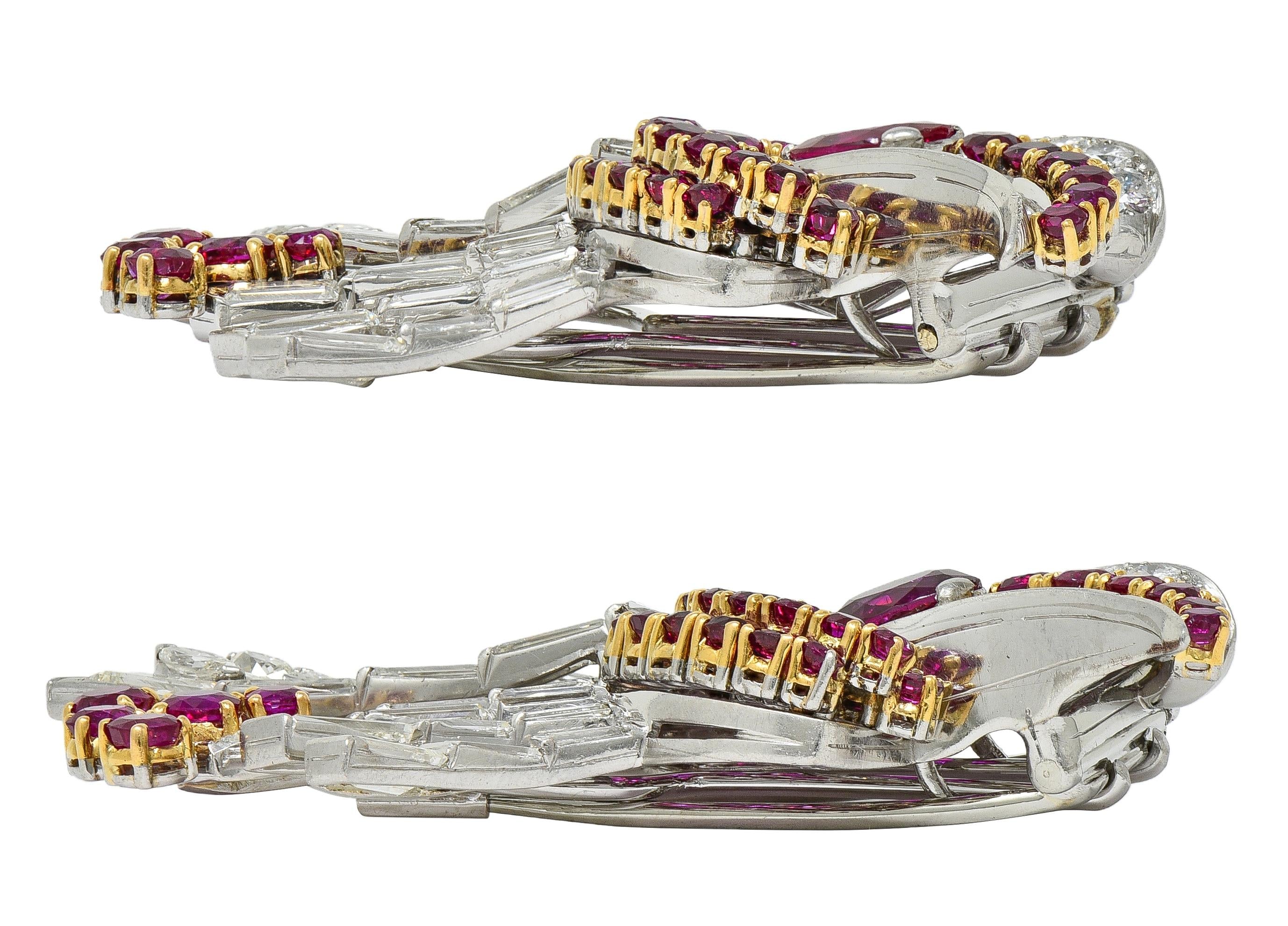 Oscar Heyman 1940 Diamond Burma Ruby Platinum 18K Gold Vintage Brooch Clips GIA