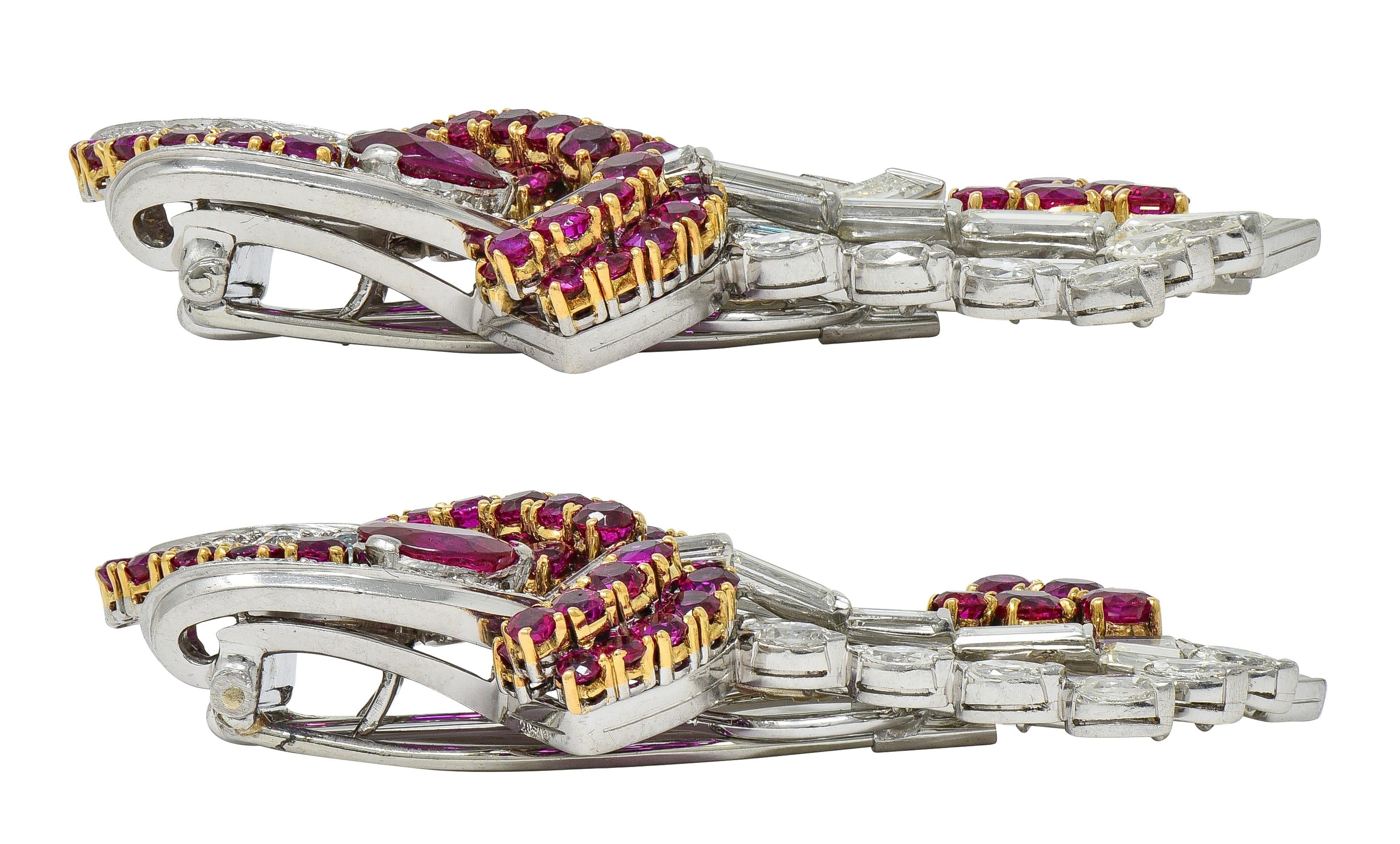 Oscar Heyman 1940 Diamond Burma Ruby Platinum 18K Gold Vintage Brooch Clips GIA
