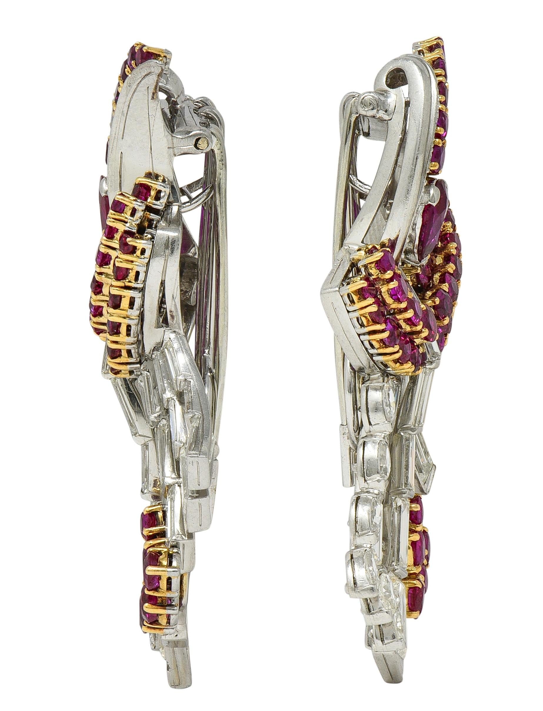Oscar Heyman 1940 Diamond Burma Ruby Platinum 18K Gold Vintage Brooch Clips GIA
