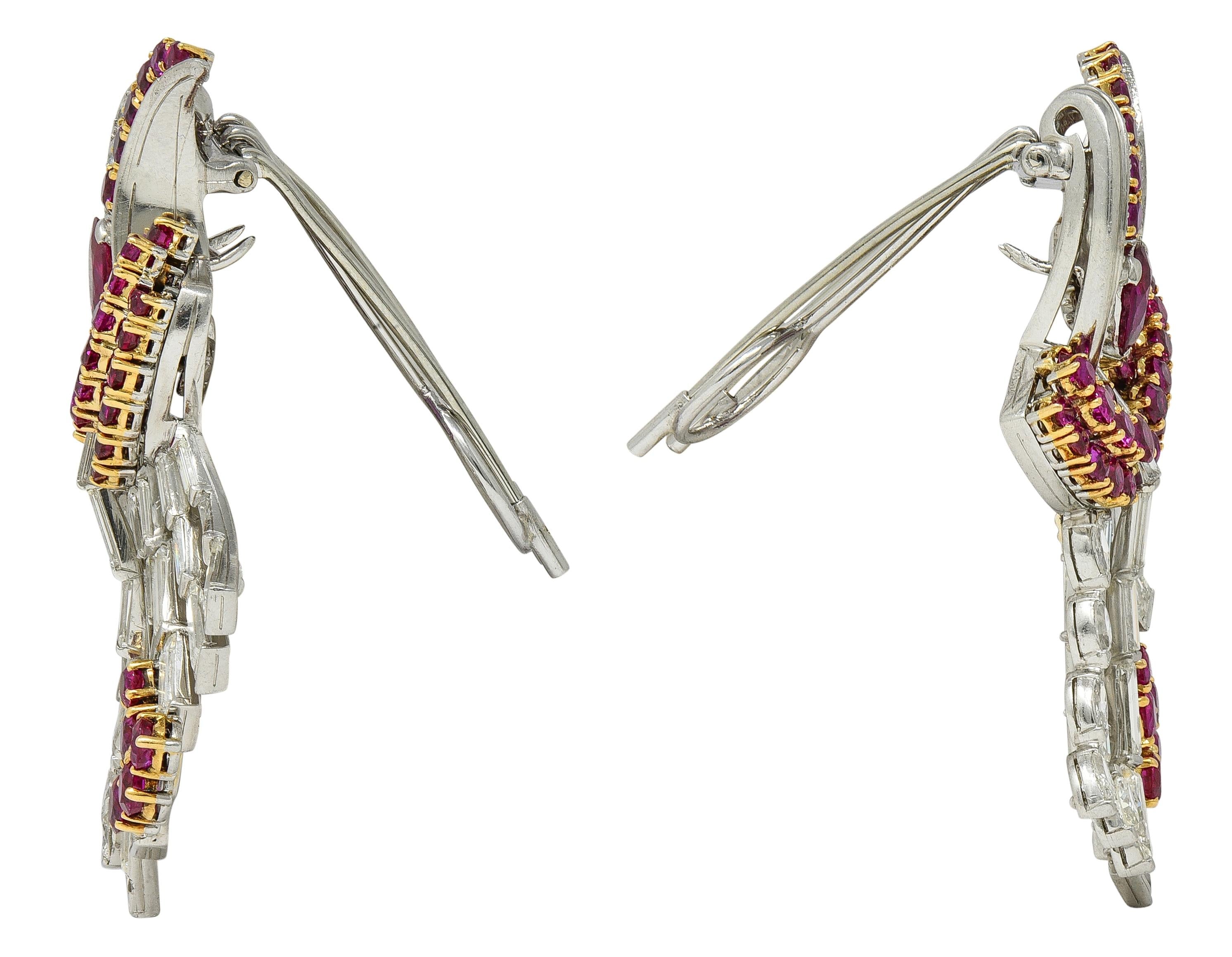 Oscar Heyman 1940 Diamond Burma Ruby Platinum 18K Gold Vintage Brooch Clips GIA
