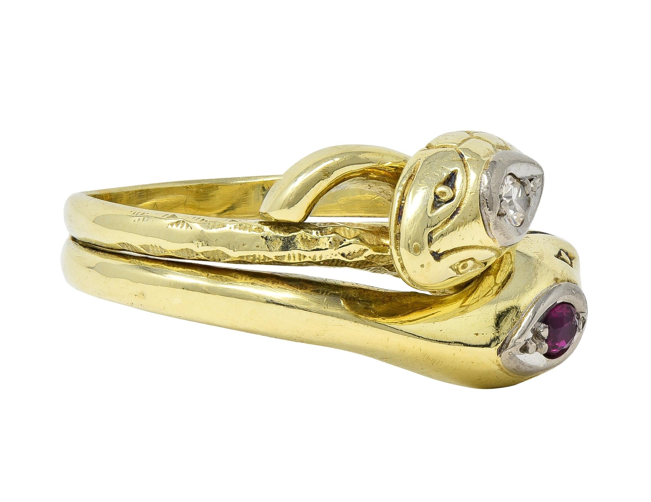Vintage Ruby Diamond 14 Karat Two-Tone Gold Lovers Knot Unisex Snake Band Ring