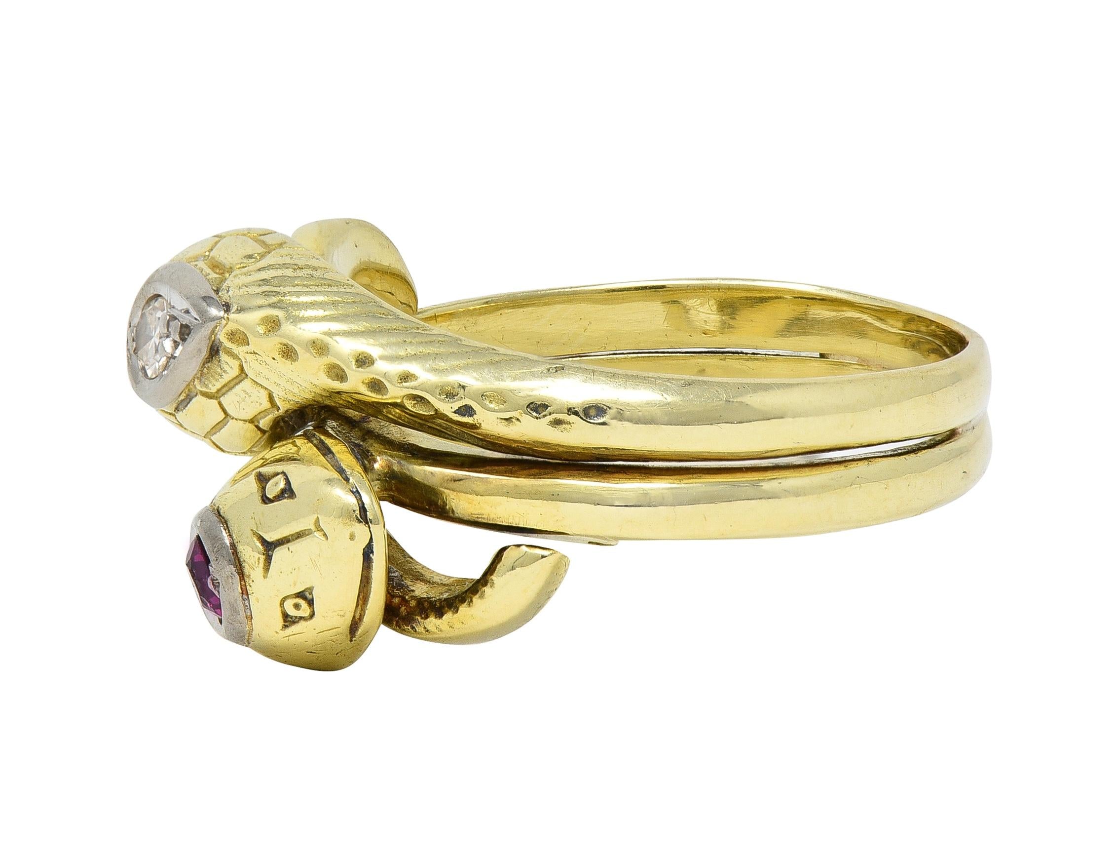 Vintage Ruby Diamond 14 Karat Two-Tone Gold Lovers Knot Unisex Snake Band Ring