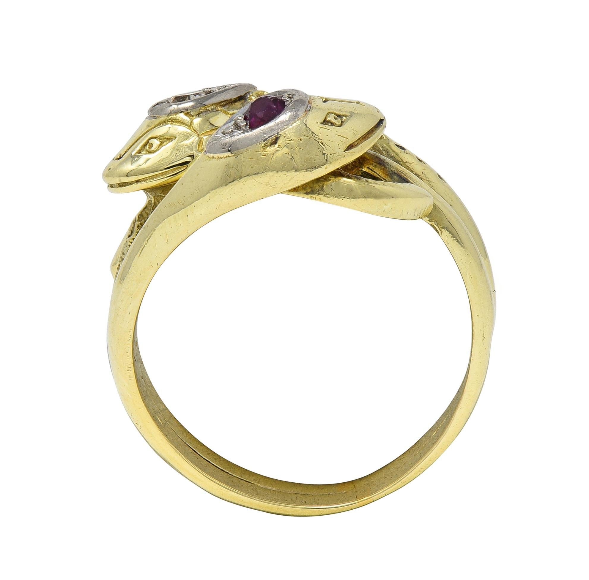 Vintage Ruby Diamond 14 Karat Two-Tone Gold Lovers Knot Unisex Snake Band Ring