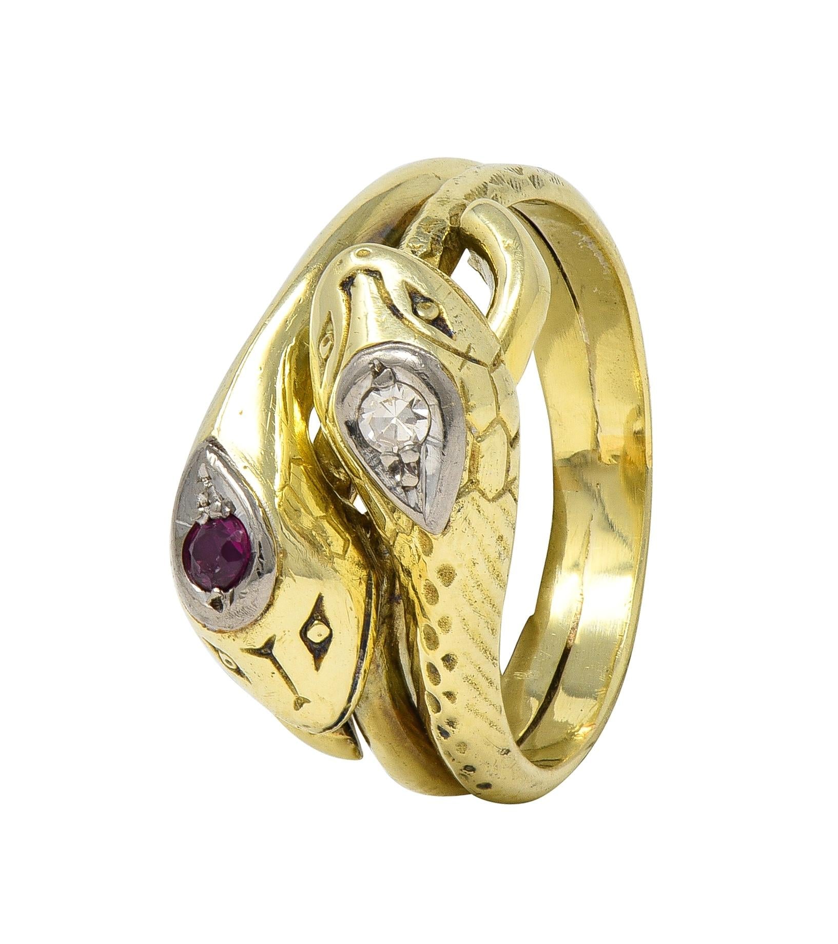 Vintage Ruby Diamond 14 Karat Two-Tone Gold Lovers Knot Unisex Snake Band Ring
