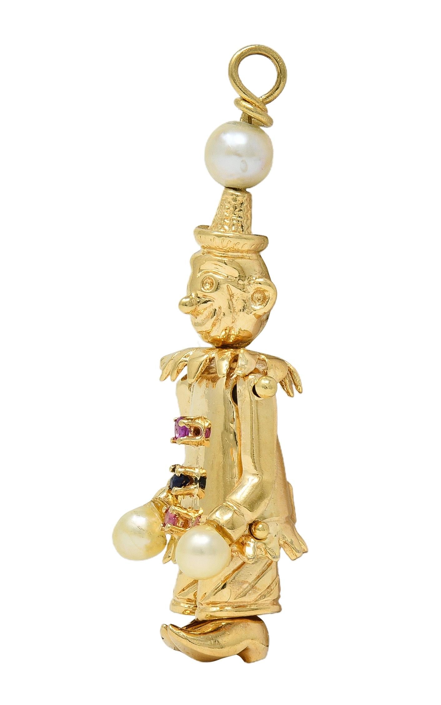 1960's Multi-Gem Pearl 14 Karat Gold Vintage Articulating Clown Pendant Charm