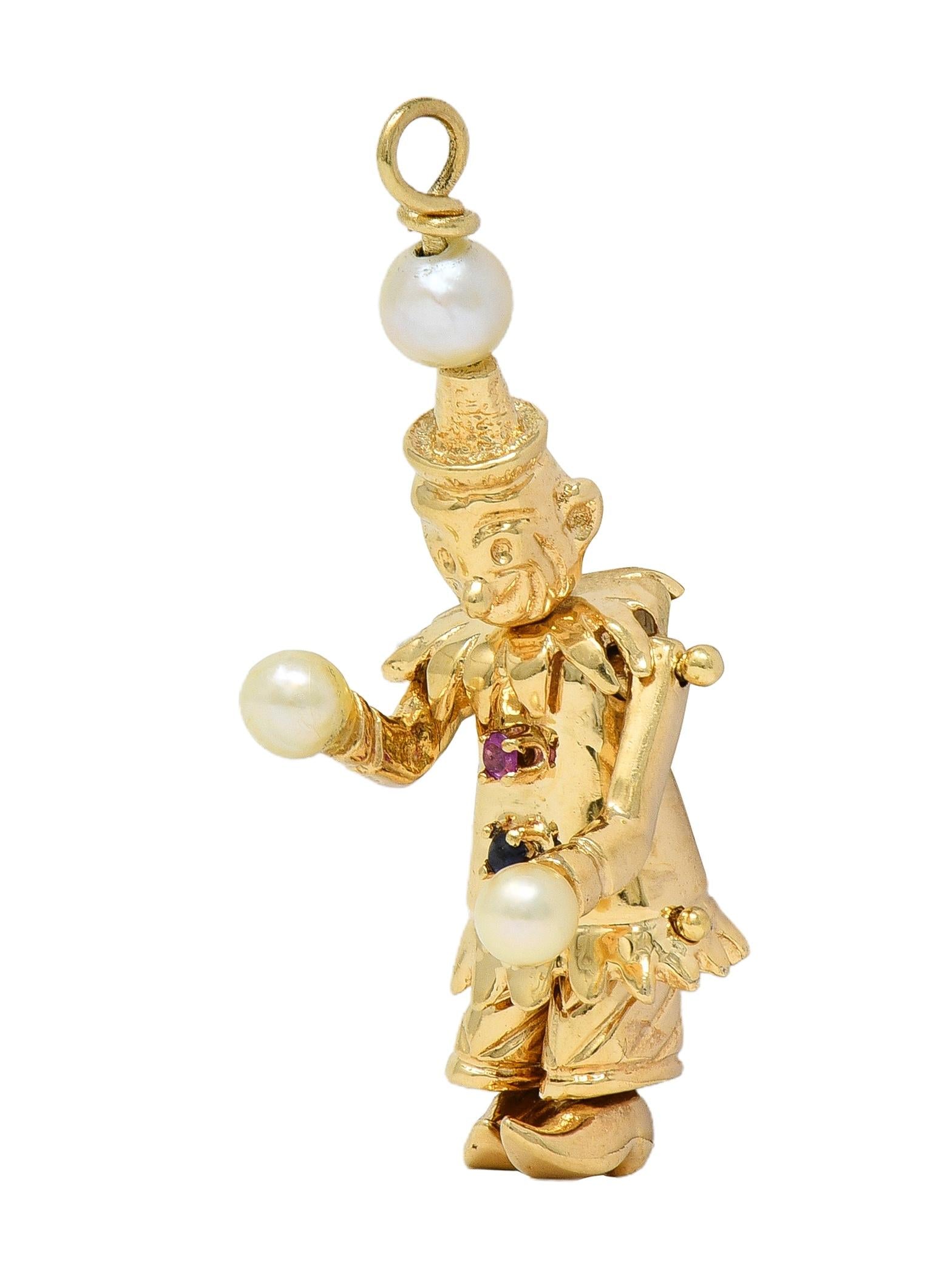 1960's Multi-Gem Pearl 14 Karat Gold Vintage Articulating Clown Pendant Charm
