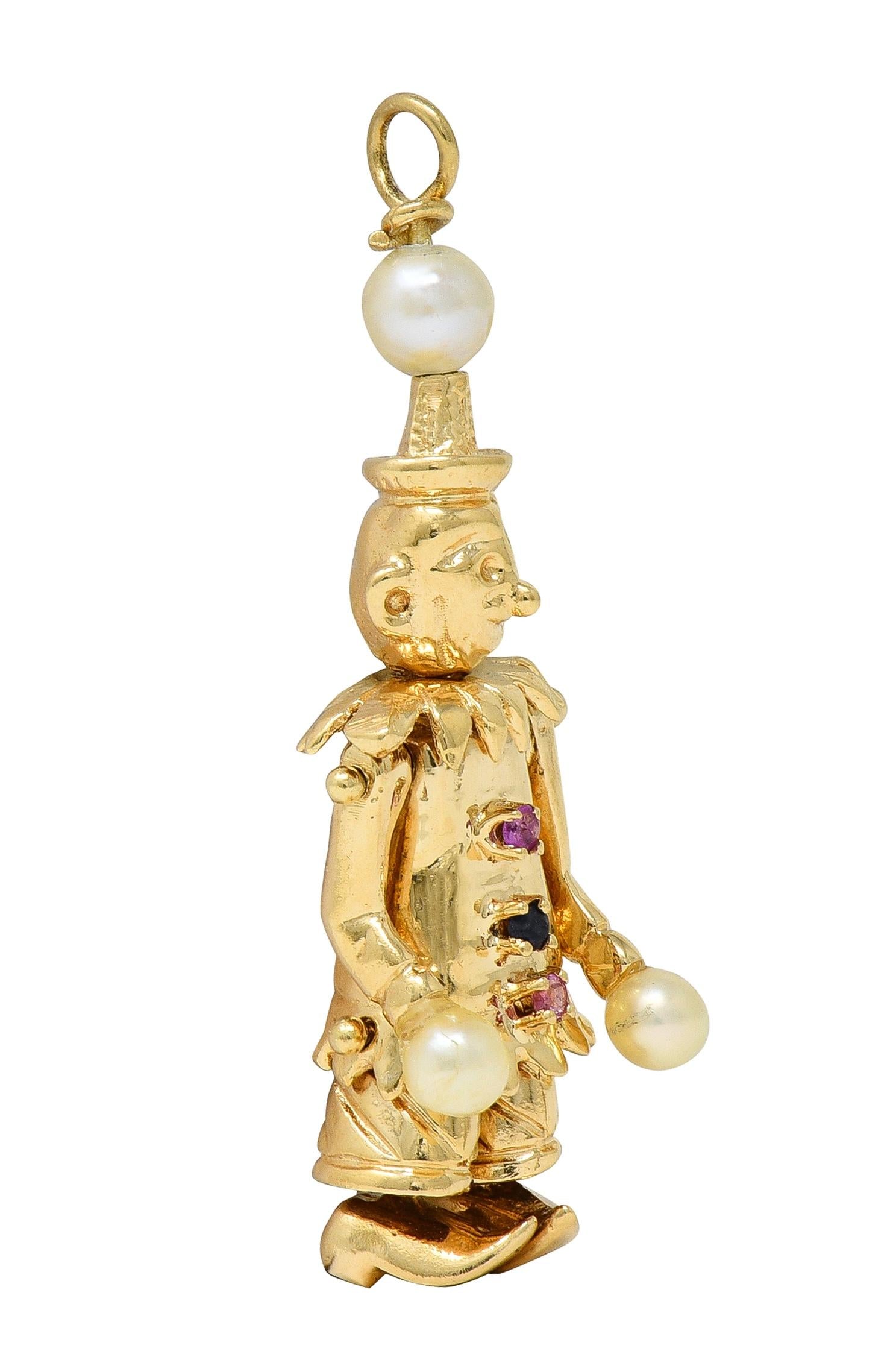 1960's Multi-Gem Pearl 14 Karat Gold Vintage Articulating Clown Pendant Charm