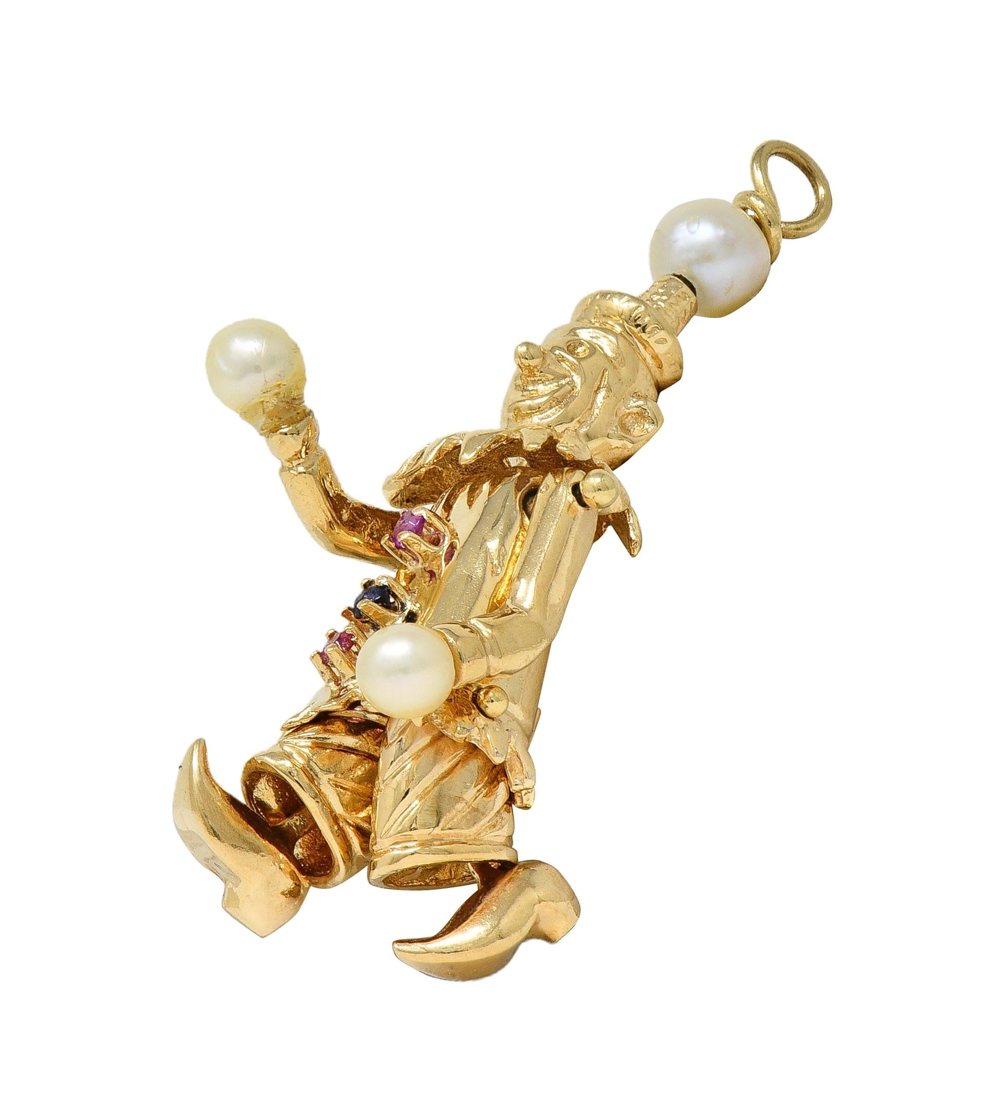 1960's Multi-Gem Pearl 14 Karat Gold Vintage Articulating Clown Pendant Charm