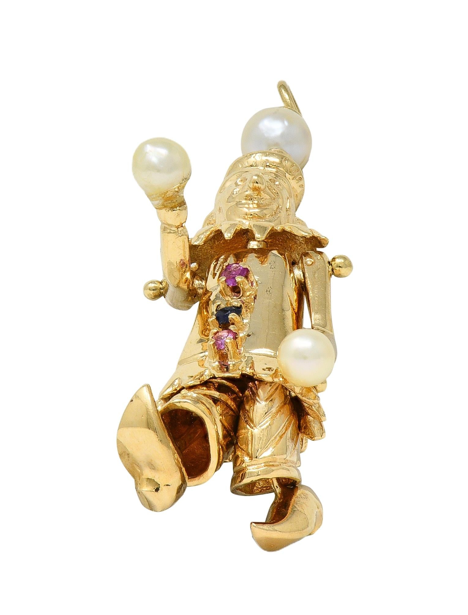 1960's Multi-Gem Pearl 14 Karat Gold Vintage Articulating Clown Pendant Charm