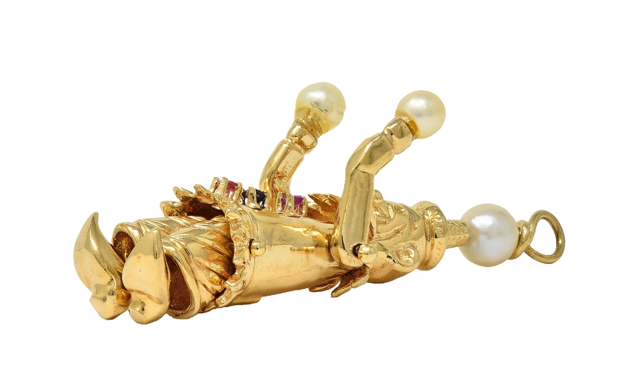 1960's Multi-Gem Pearl 14 Karat Gold Vintage Articulating Clown Pendant Charm