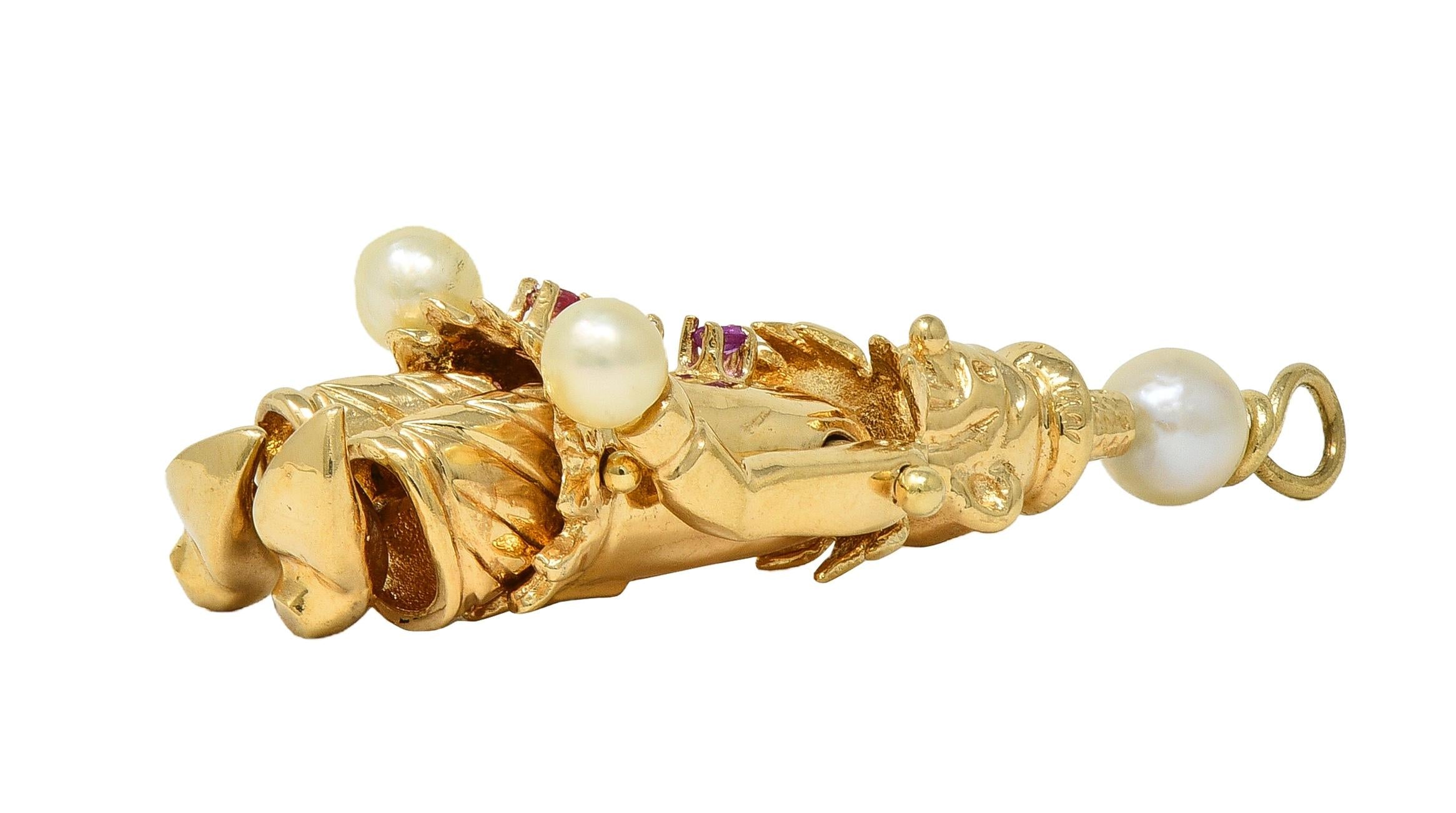 1960's Multi-Gem Pearl 14 Karat Gold Vintage Articulating Clown Pendant Charm