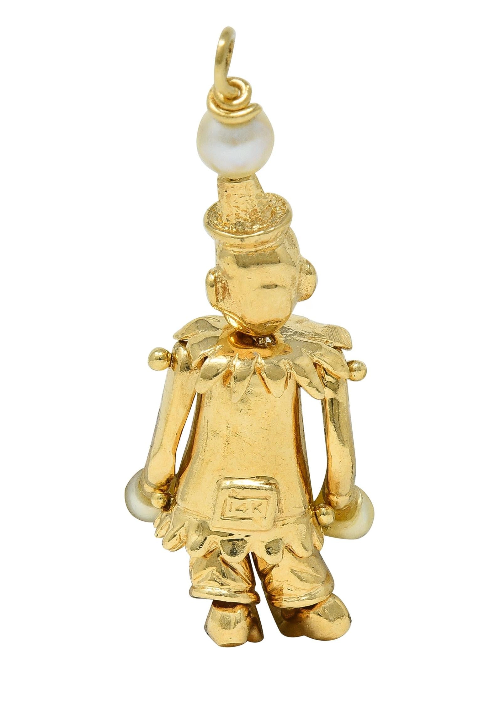 1960's Multi-Gem Pearl 14 Karat Gold Vintage Articulating Clown Pendant Charm