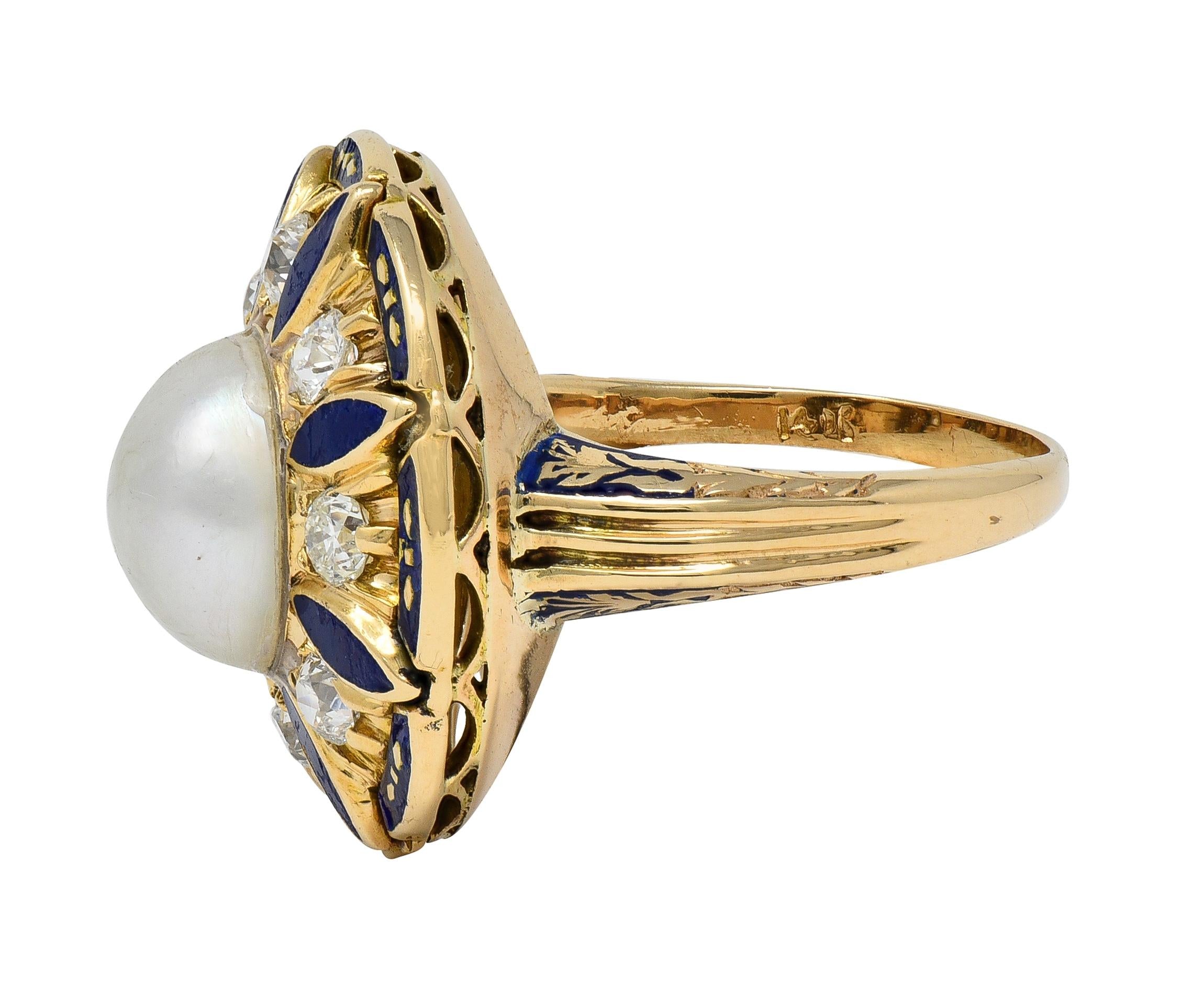 Victorian Revival Pearl Diamond Enamel 14 Karat Gold Vintage Halo Ring