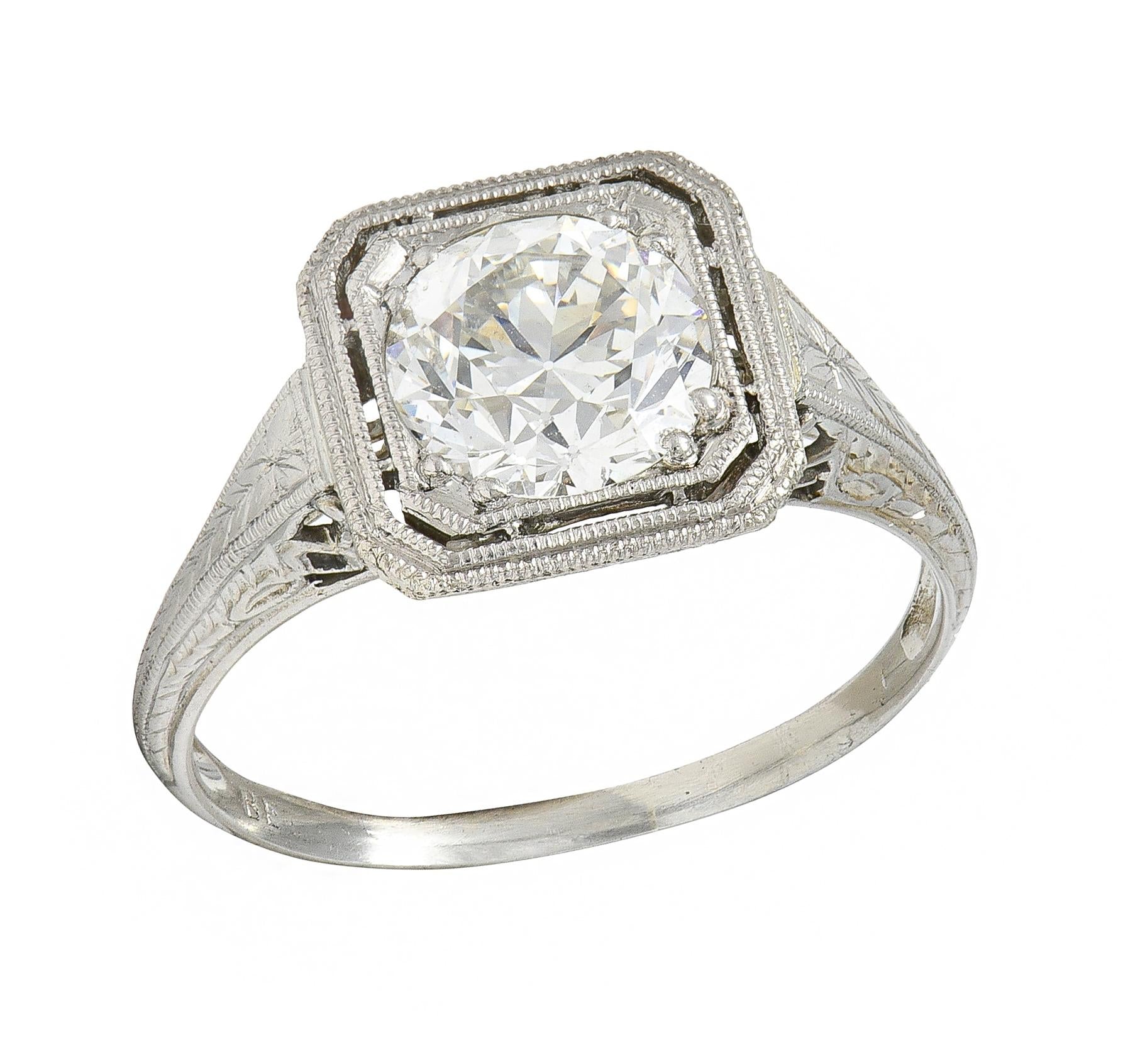 Art Deco Old European 1.34 CTW Diamond 18K Gold Vintage Engagement Ring GIA