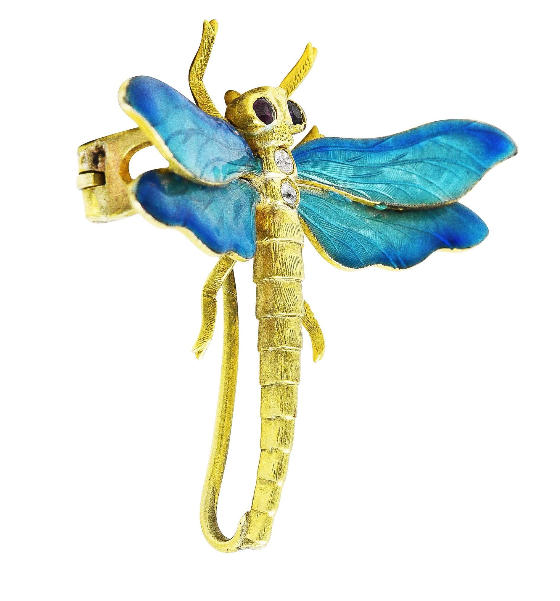 Riker Brothers Art Nouveau Ruby Diamond Guilloche Enamel 14K Dragonfly Brooch