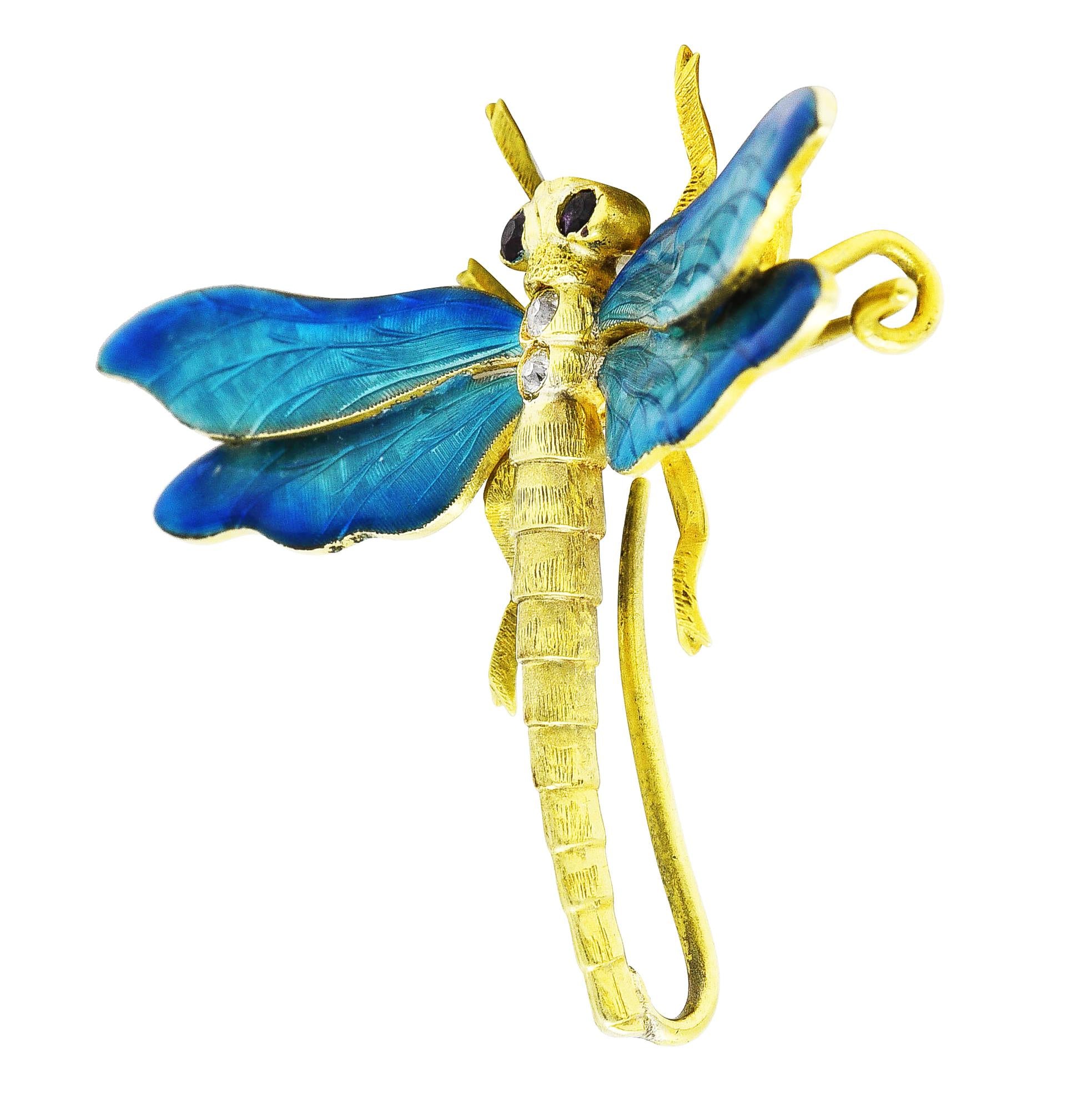Riker Brothers Art Nouveau Ruby Diamond Guilloche Enamel 14K Dragonfly Brooch