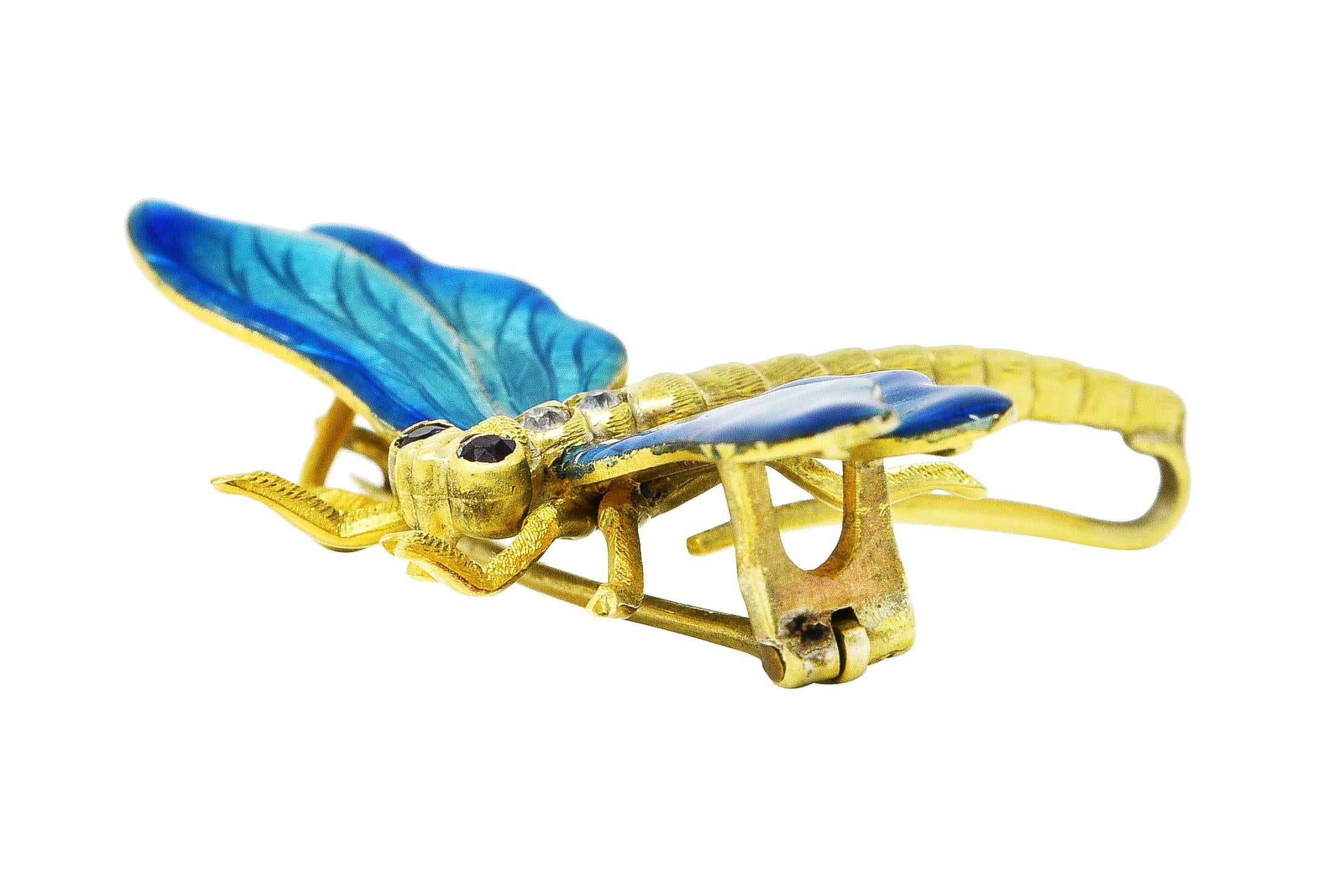 Riker Brothers Art Nouveau Ruby Diamond Guilloche Enamel 14K Dragonfly Brooch