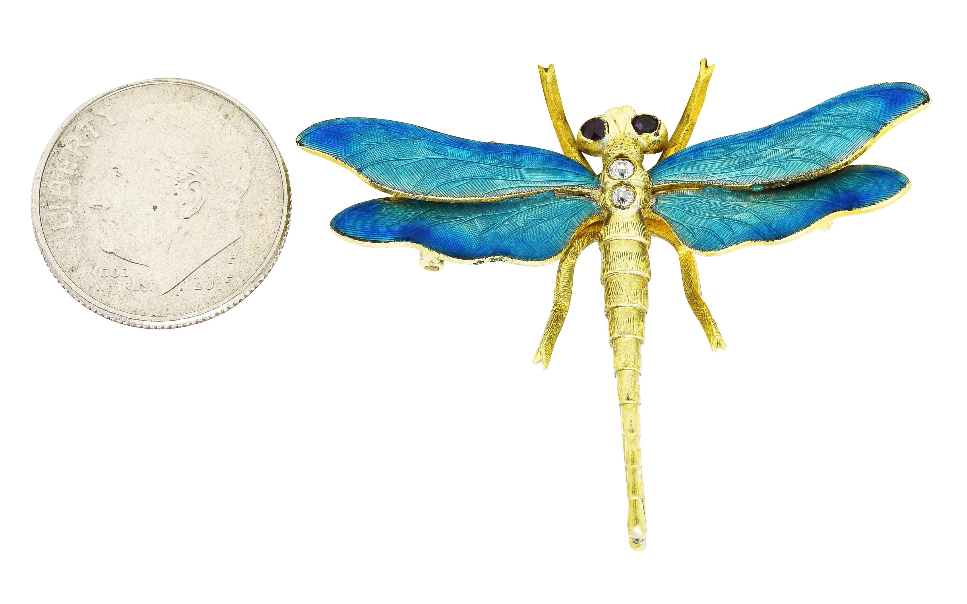 Riker Brothers Art Nouveau Ruby Diamond Guilloche Enamel 14K Dragonfly Brooch