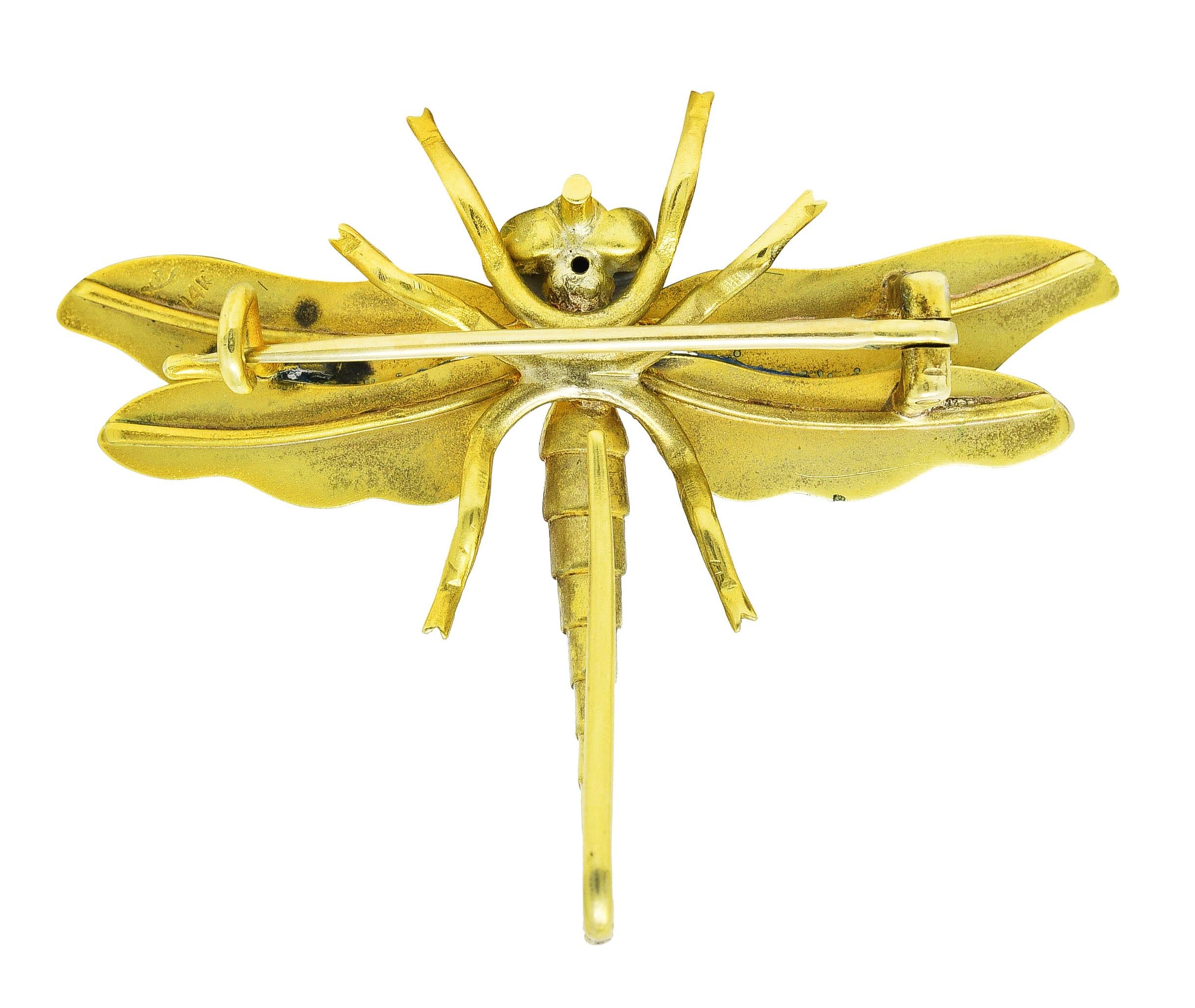 Riker Brothers Art Nouveau Ruby Diamond Guilloche Enamel 14K Dragonfly Brooch