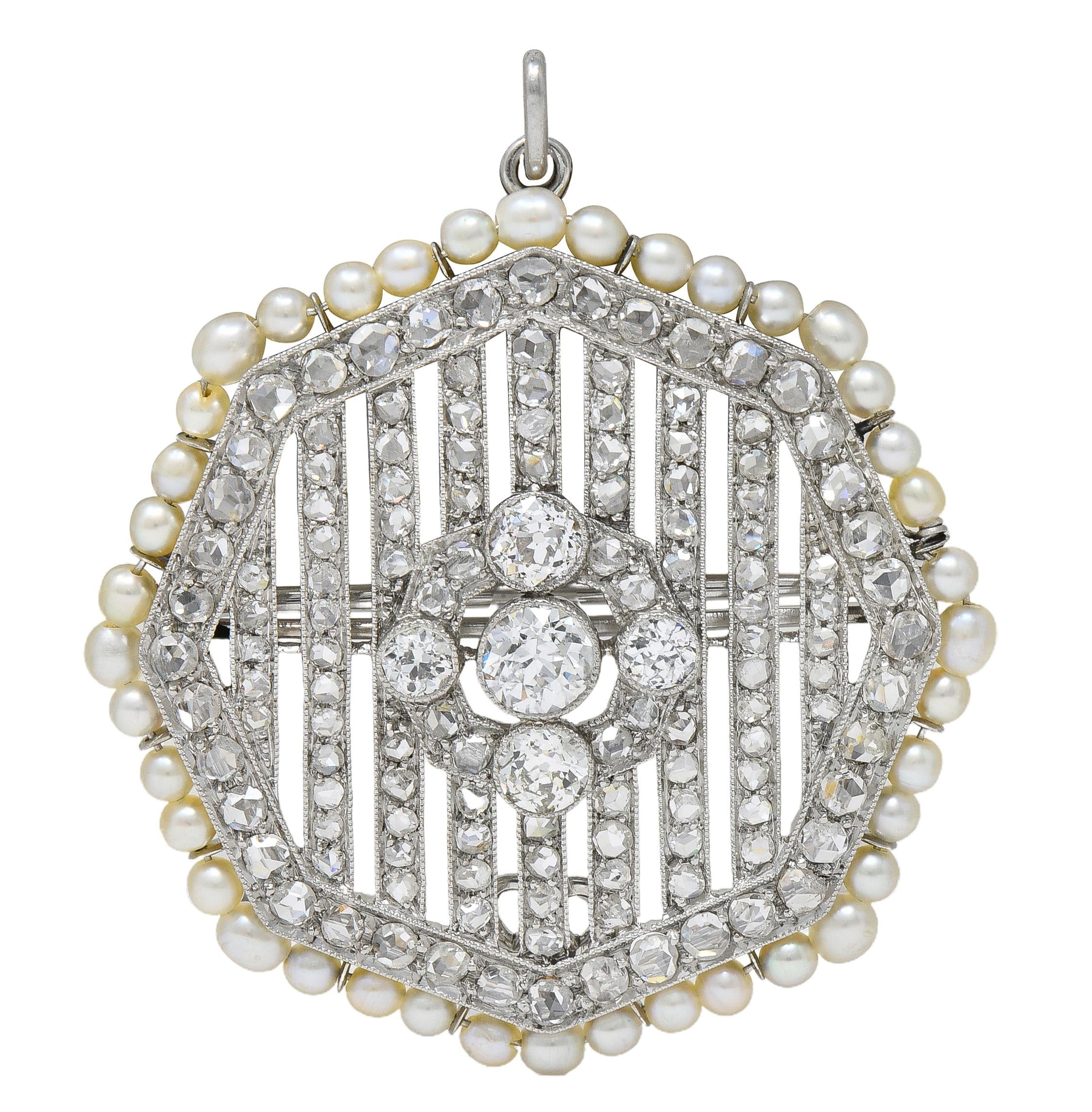 Art Deco 5.50 CTW Diamond Pearl Platinum Vintage Octagonal Pendant Brooch