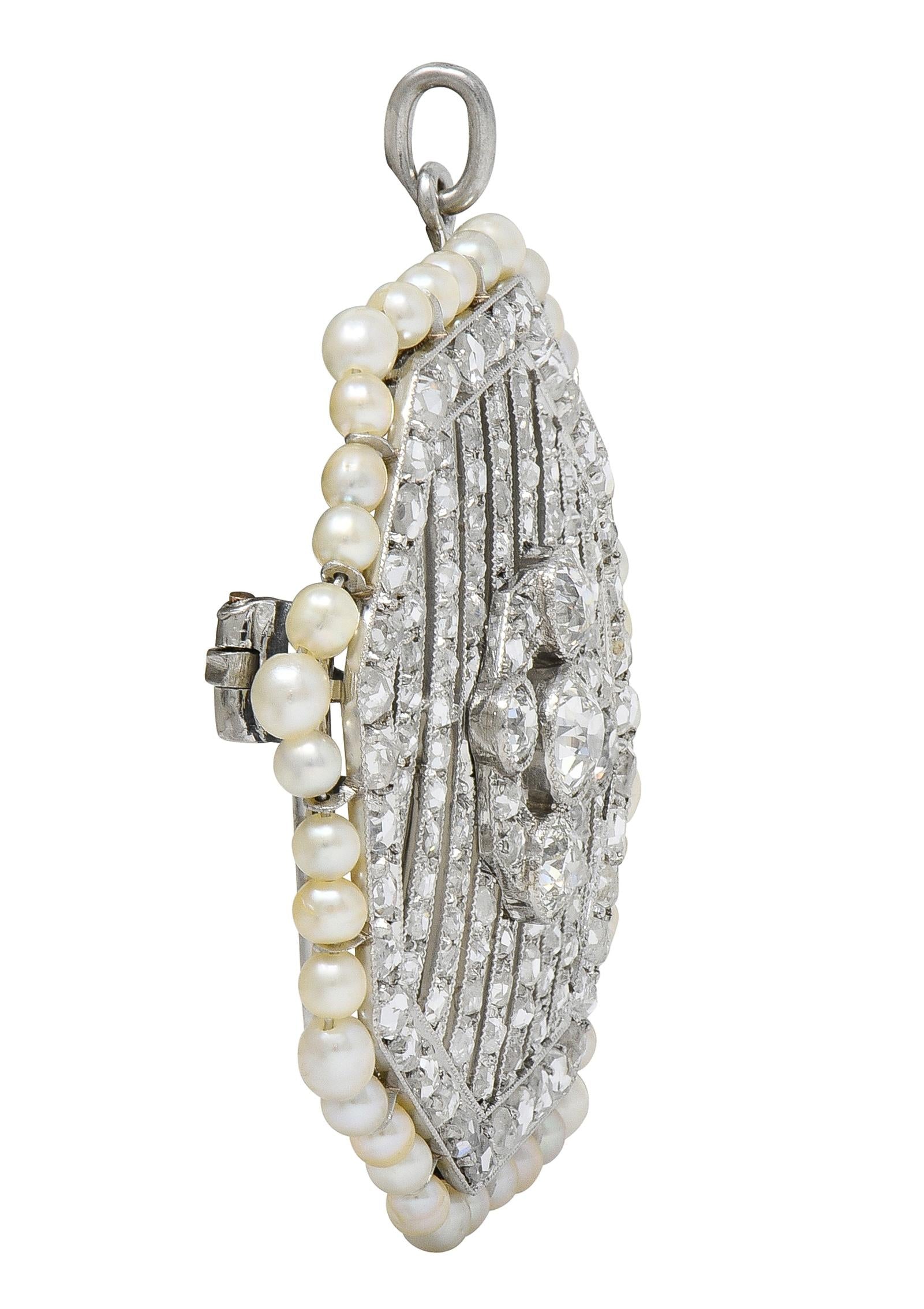 Art Deco 5.50 CTW Diamond Pearl Platinum Vintage Octagonal Pendant Brooch