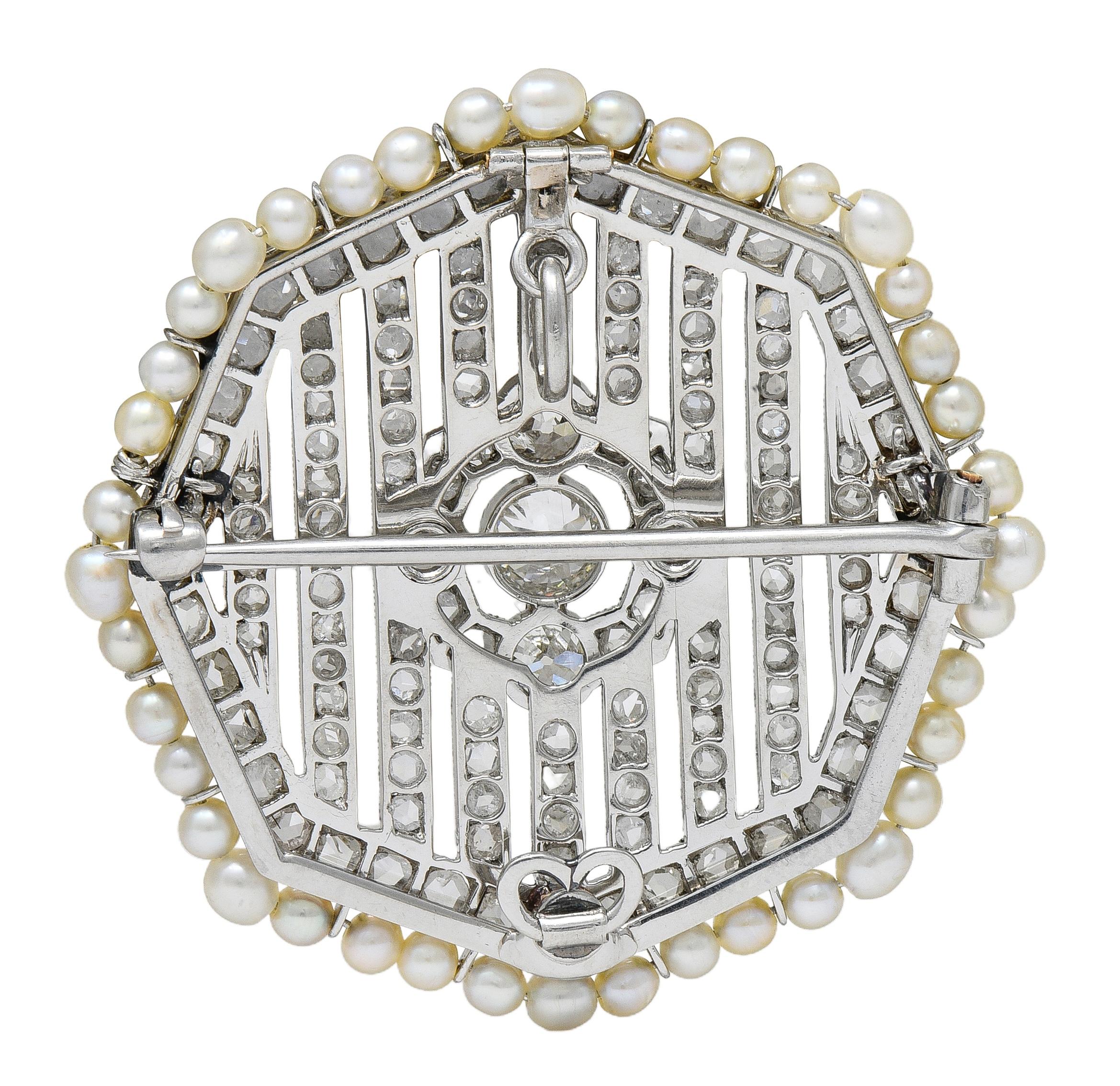 Art Deco 5.50 CTW Diamond Pearl Platinum Vintage Octagonal Pendant Brooch