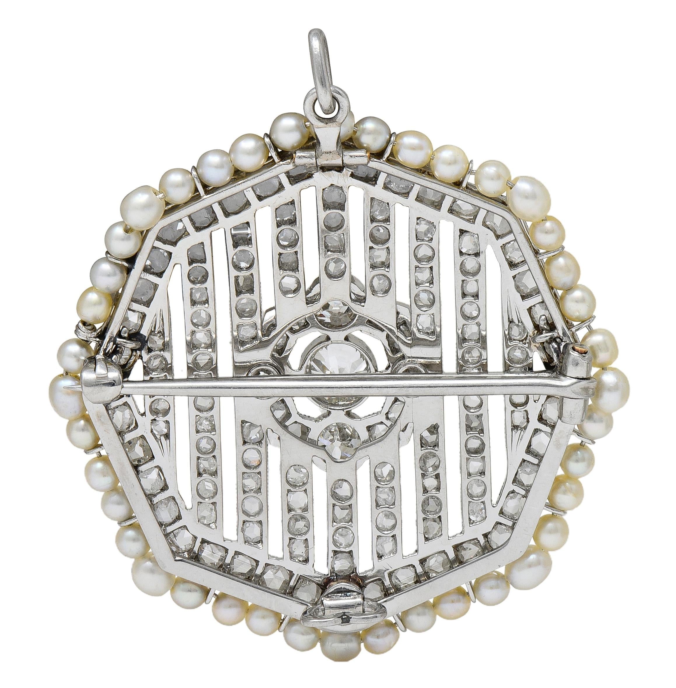 Art Deco 5.50 CTW Diamond Pearl Platinum Vintage Octagonal Pendant Brooch