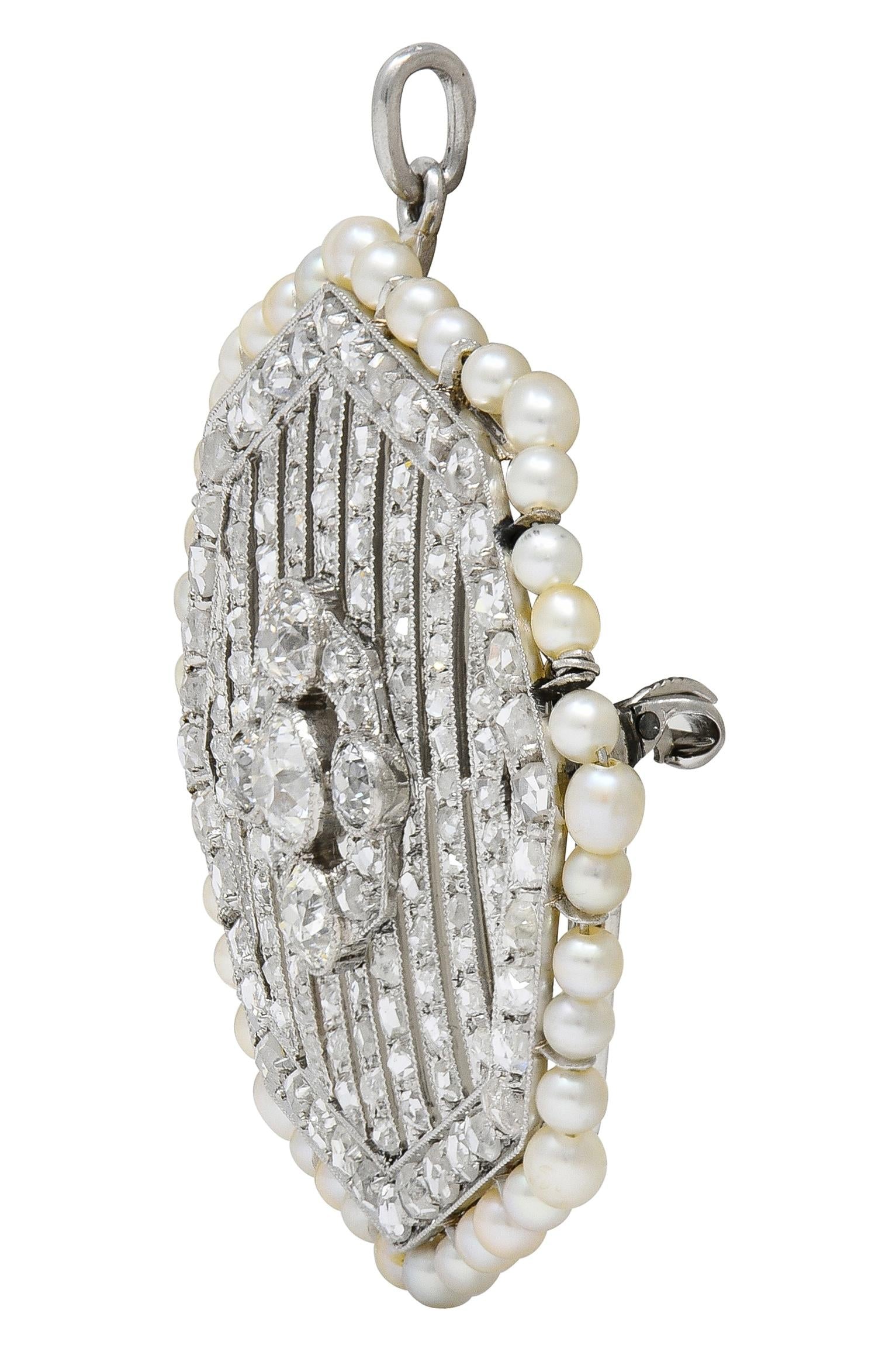 Art Deco 5.50 CTW Diamond Pearl Platinum Vintage Octagonal Pendant Brooch
