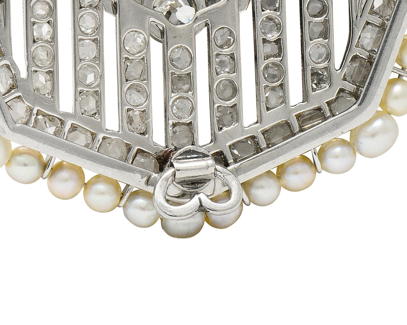 Art Deco 5.50 CTW Diamond Pearl Platinum Vintage Octagonal Pendant Brooch