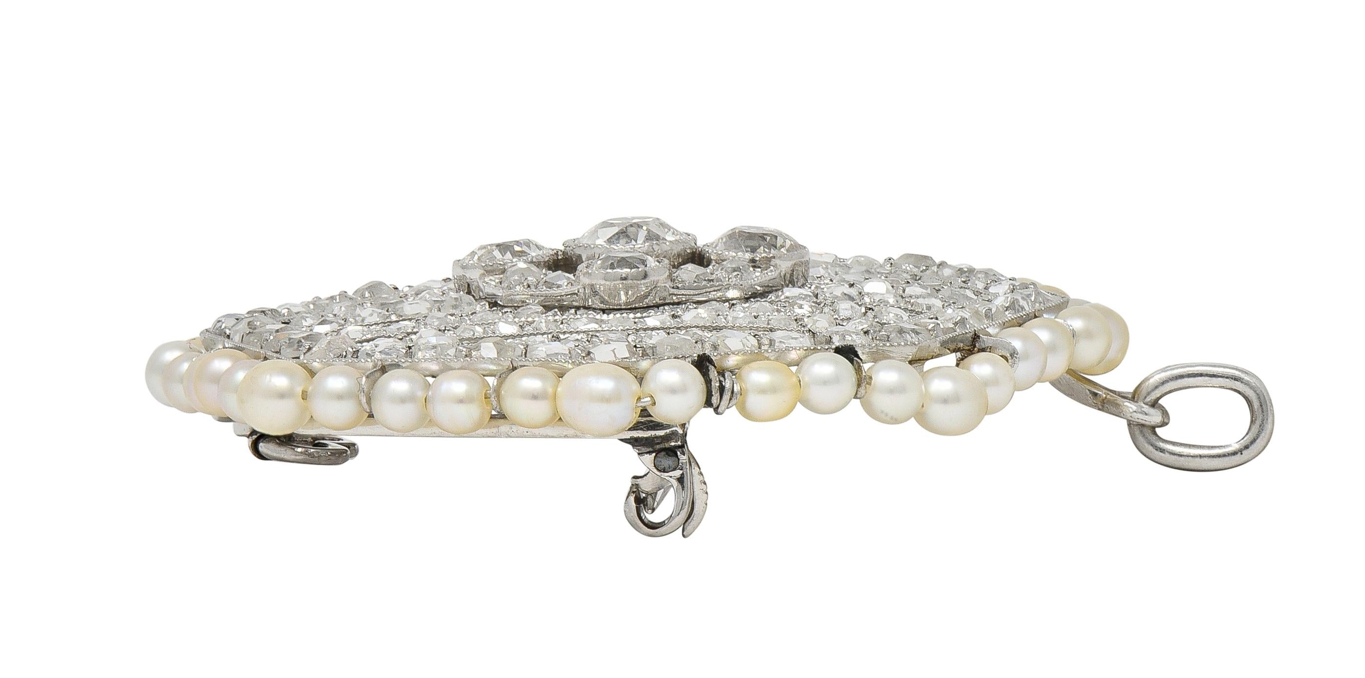 Art Deco 5.50 CTW Diamond Pearl Platinum Vintage Octagonal Pendant Brooch