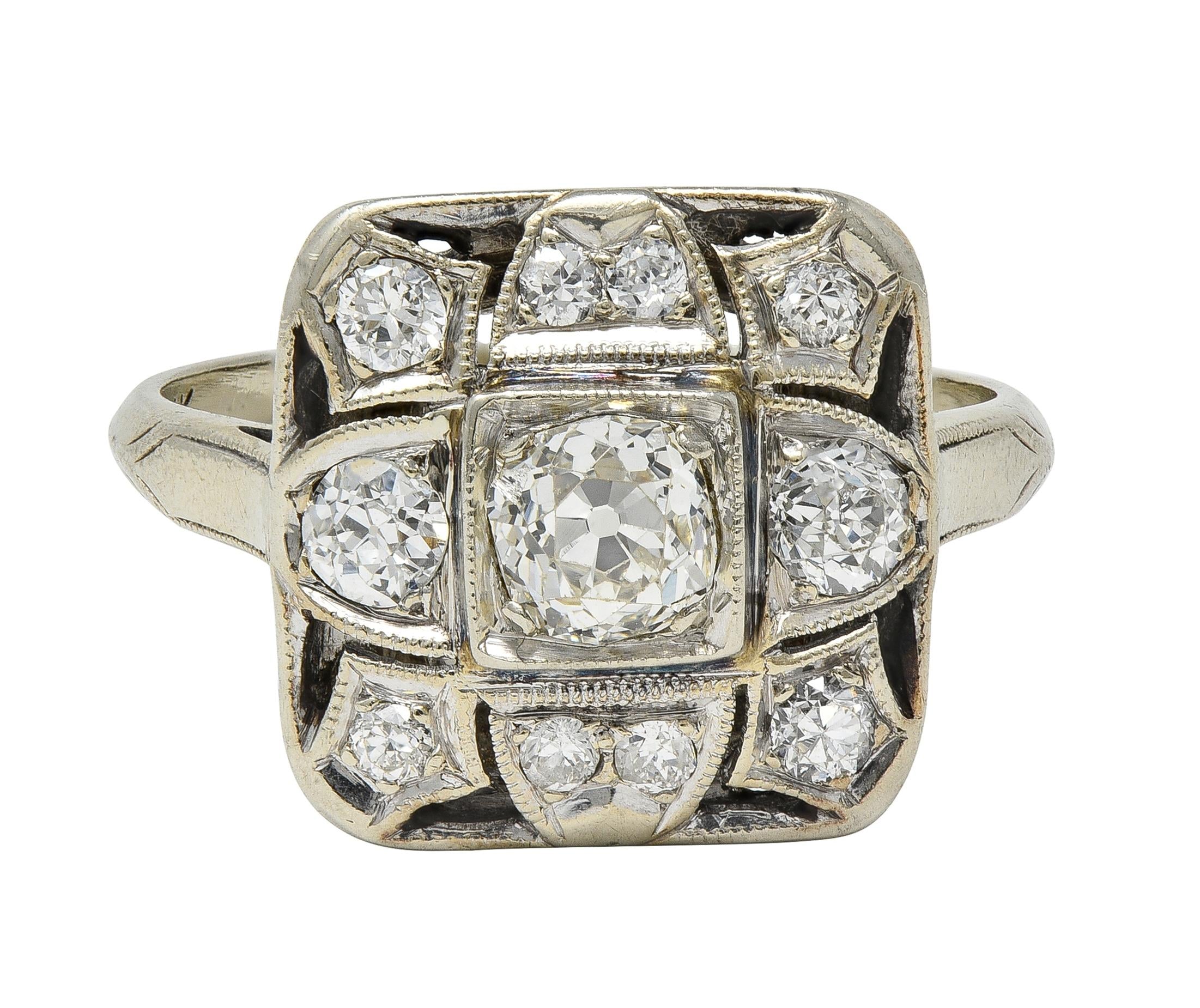 Art Deco 1.00 CTW Diamond 14 Karat White Gold Vintage Cluster Dinner Ring