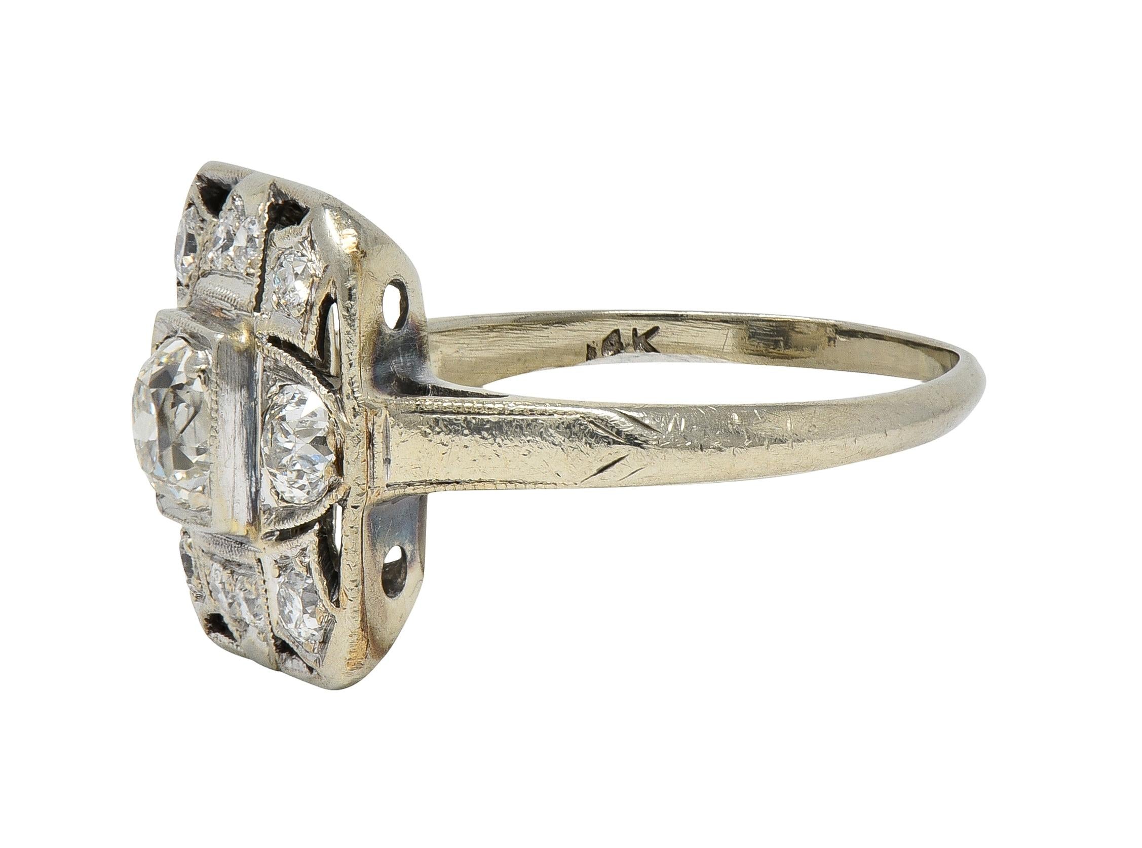 Art Deco 1.00 CTW Diamond 14 Karat White Gold Vintage Cluster Dinner Ring