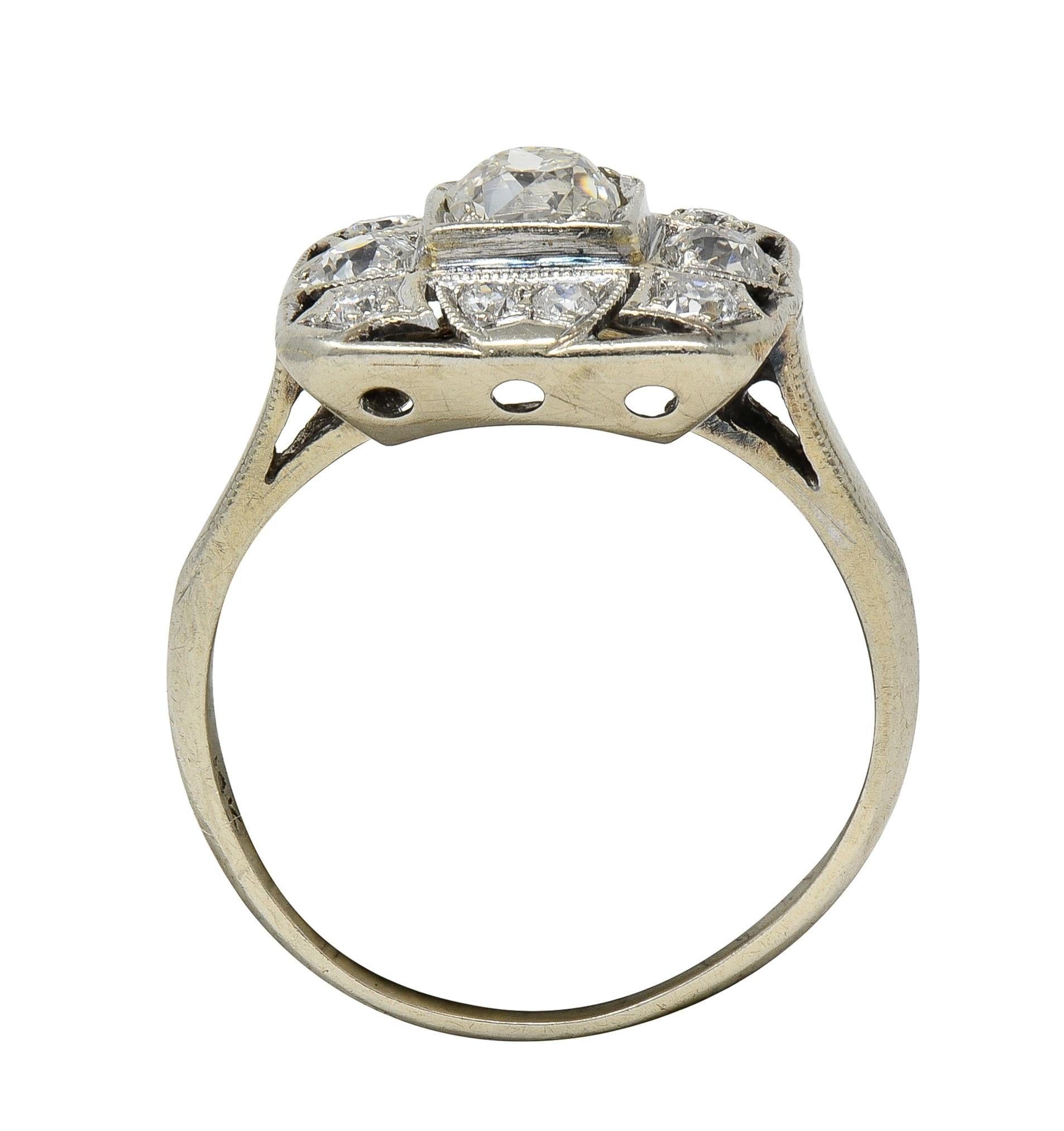 Art Deco 1.00 CTW Diamond 14 Karat White Gold Vintage Cluster Dinner Ring