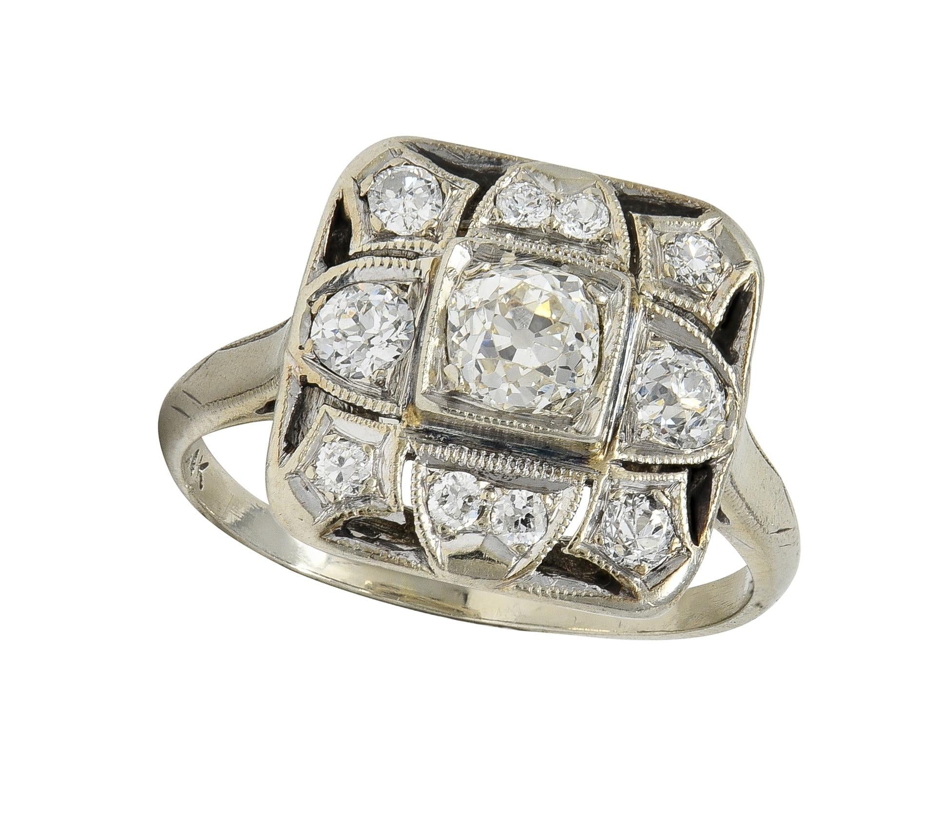 Art Deco 1.00 CTW Diamond 14 Karat White Gold Vintage Cluster Dinner Ring